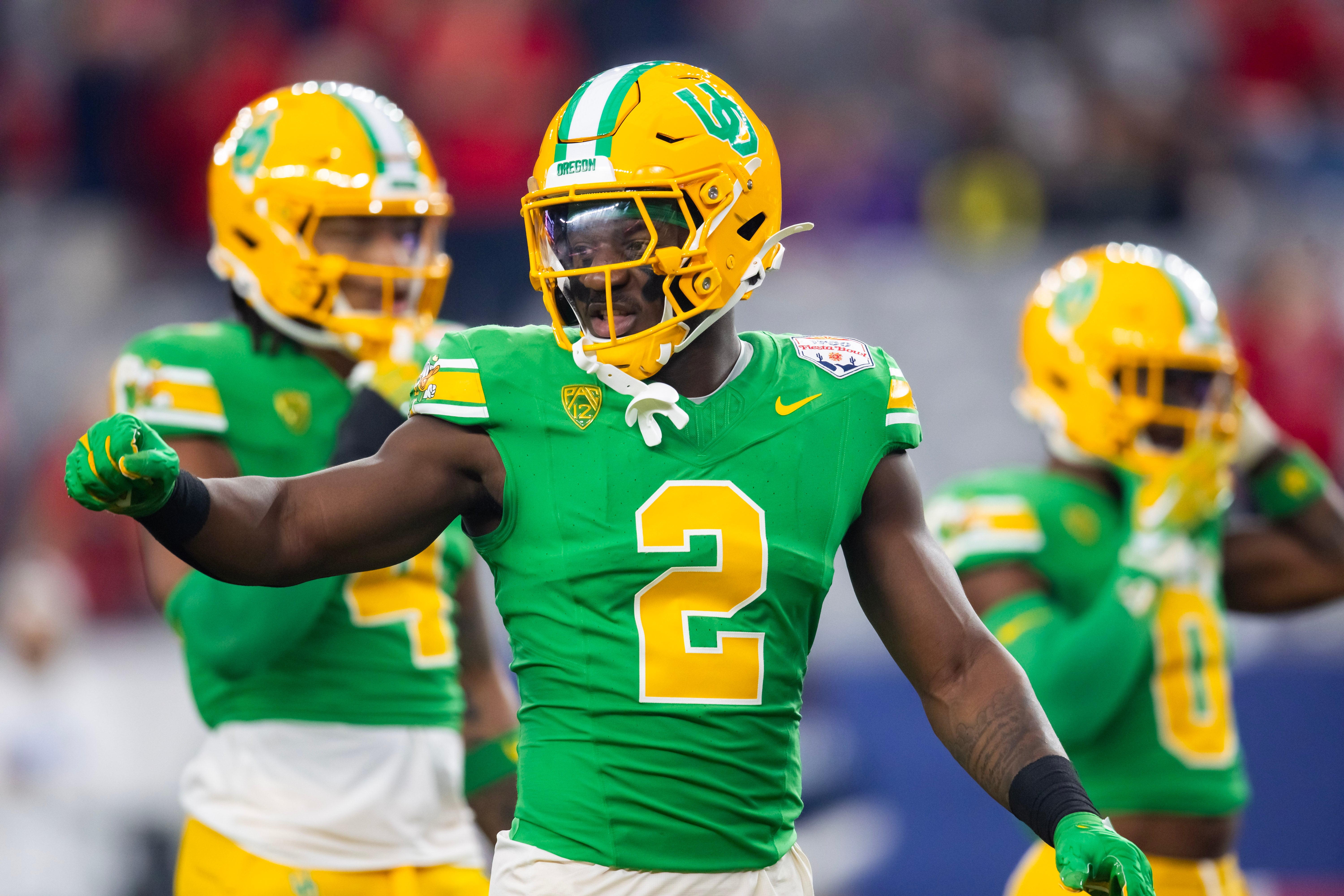 Jan 1, 2024; Glendale, AZ, USA; Oregon Ducks linebacker Jeffrey Bassa (2) against the Liberty Flames during the 2024 Fiesta Bowl at State Farm Stadium.