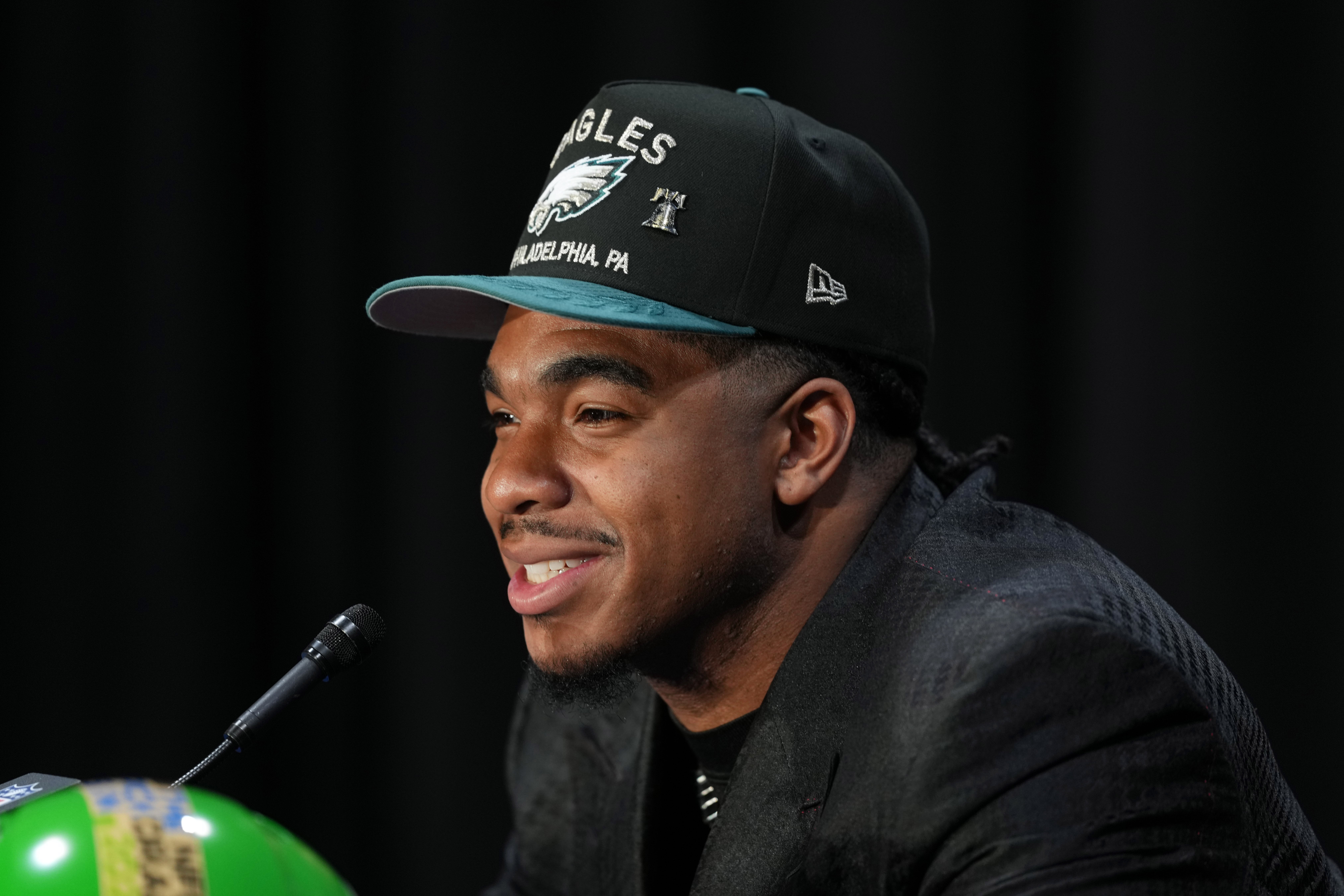 Jihaad Campbell speaks in a press conference after being selected by the Philadelphia Eagles as the number 31 pick in the first round of the 2025 NFL Draft at Lambeau Field.