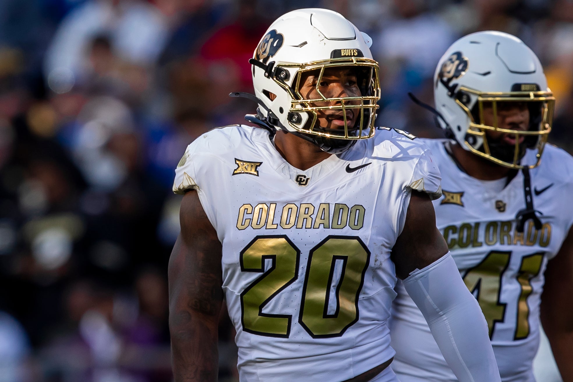 Nov 23, 2024; Kansas City, Missouri, USA; Colorado linebacker LaVonta Bentley (20) during gets set at his position during the 1st quarter between the Kansas Jayhawks and the Colorado Buffaloes at GEHA Field at Arrowhead Stadium.