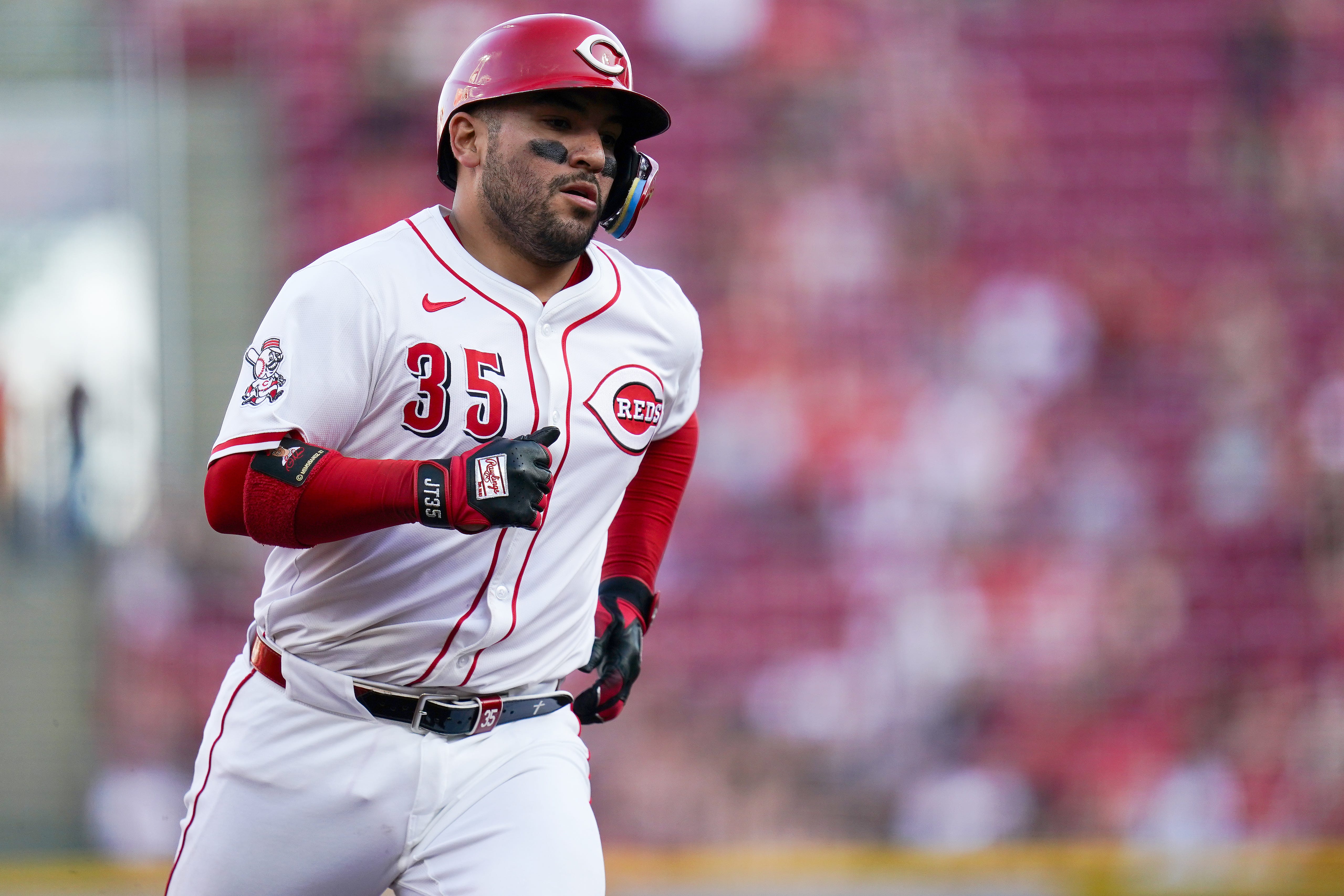 Cincinnati Reds catcher Jose Trevino (35) runs the bases after hitting a homer in the third inning of a MLB game between the Cincinnati Reds and St. Louis Cardinals, Monday, April 28, 2025, at Great American Ball Park in Downtown Cincinnati.