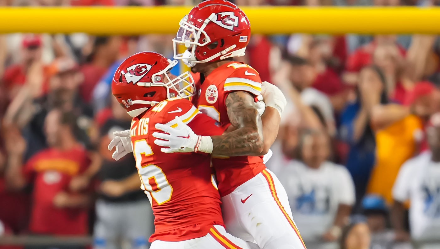 Sep 7, 2023; Kansas City, Missouri, USA; Kansas City Chiefs cornerback Trent McDuffie (R) celebrates with defensive end George Karlaftis (56) after causing a fumble against the Detroit Lions during the first half at GEHA Field at Arrowhead Stadium.
