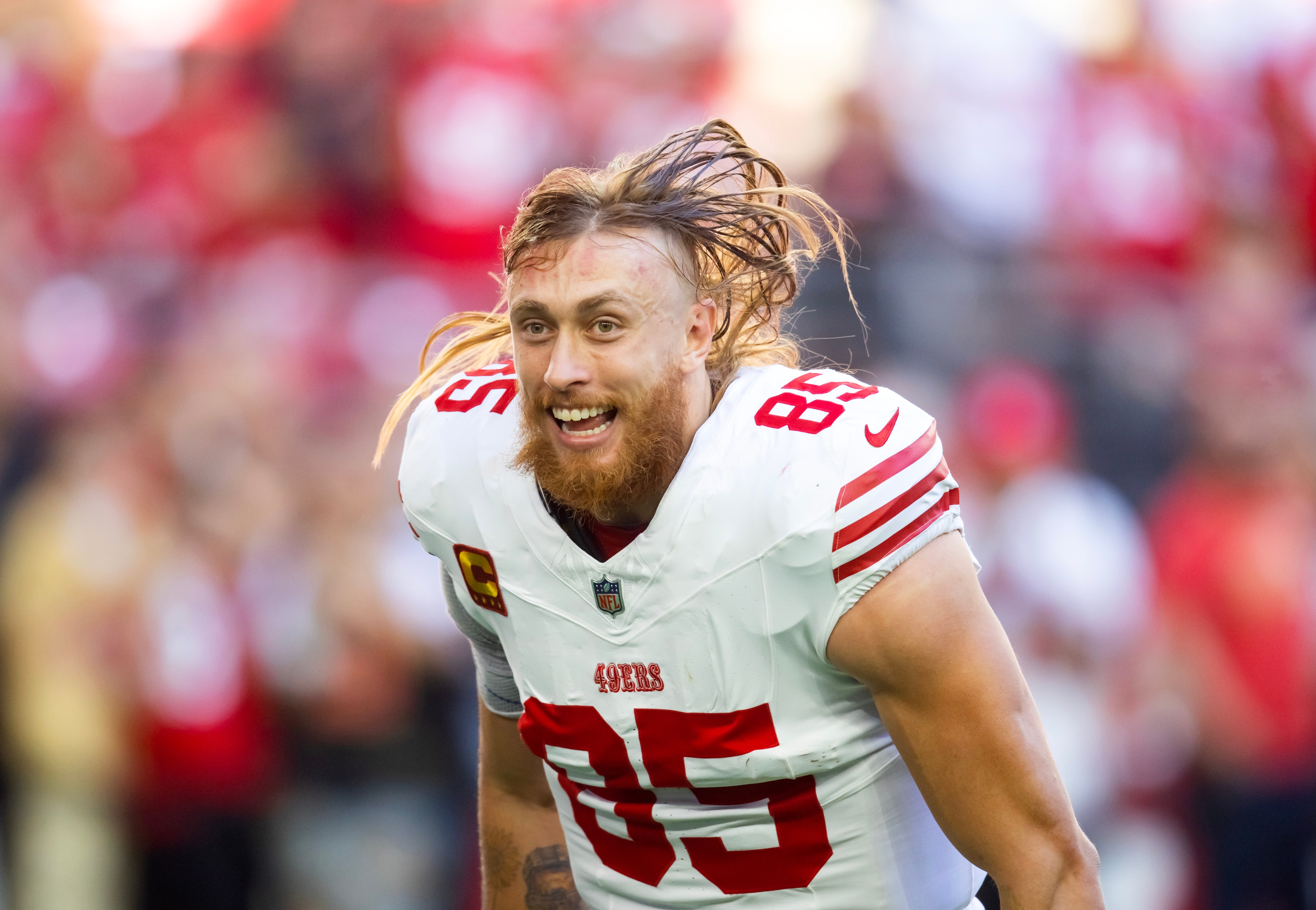 San Francisco 49ers tight end George Kittle (85) reacts prior to the game against the Arizona Cardinals at State Farm Stadium.