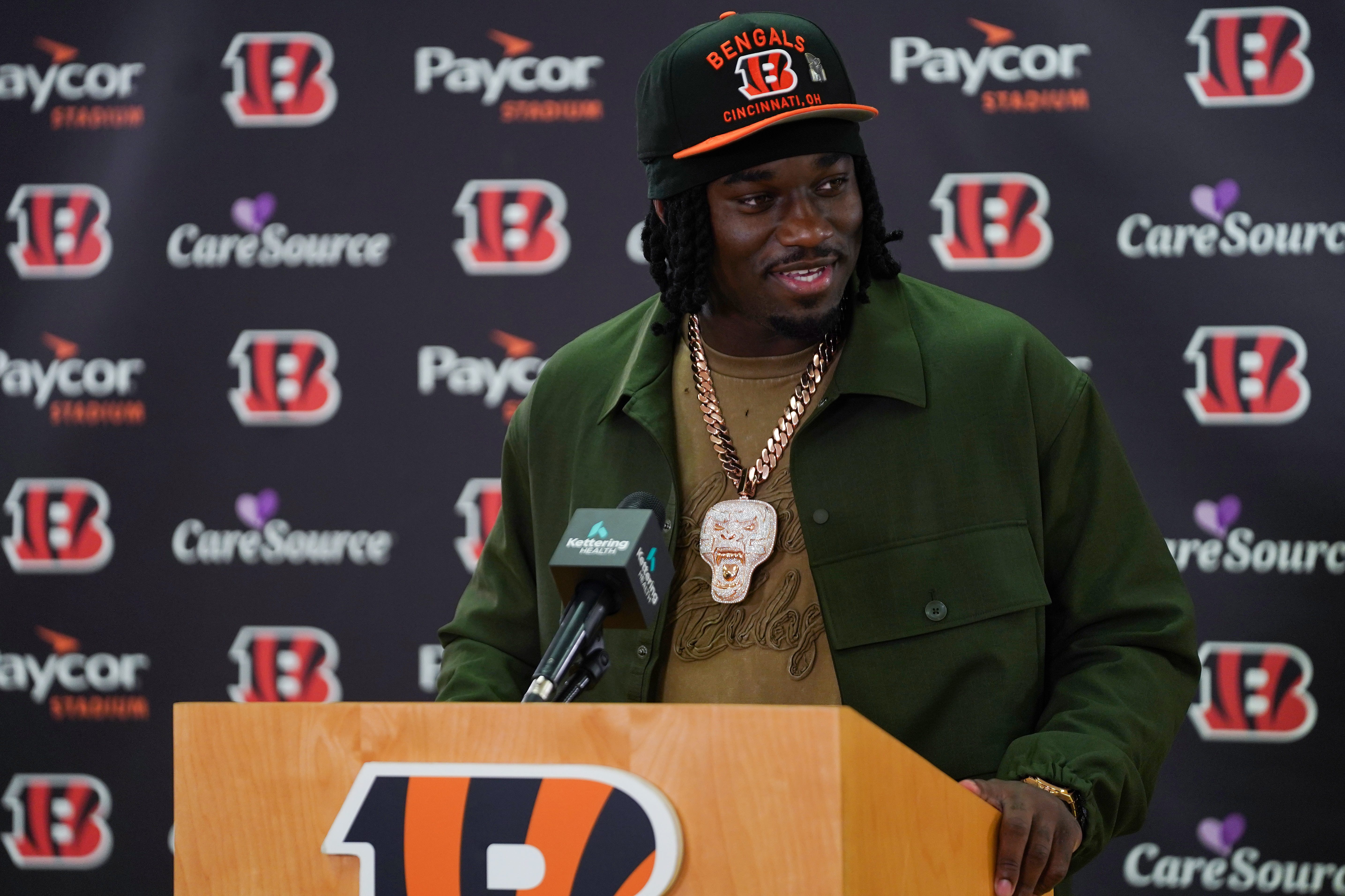 Cincinnati Bengals first-round draft pick Shemar Stewart speaks during a press conference, Friday, April 25, 2025, at Paycor Stadium in Downtown Cincinnati.