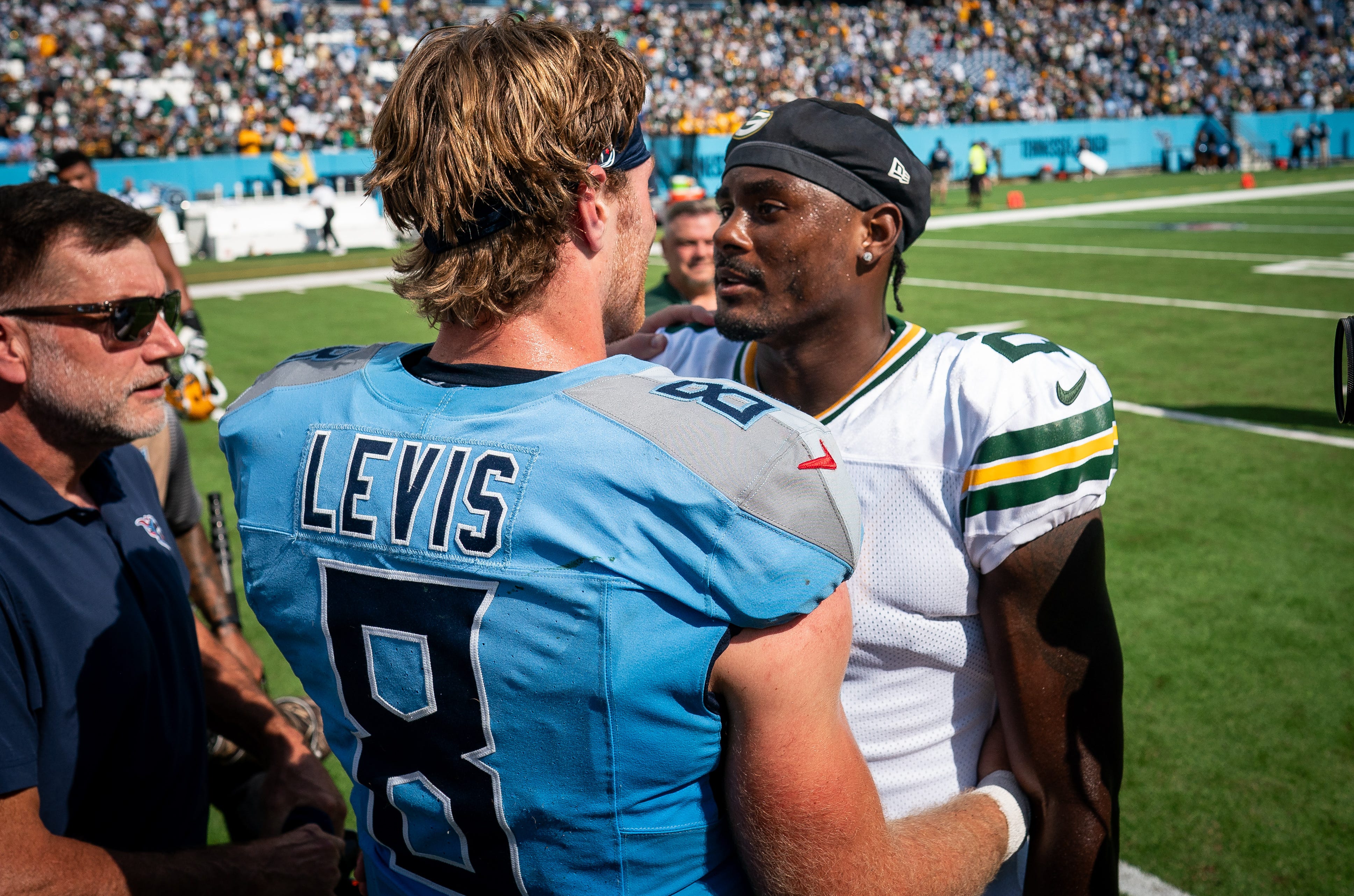 Tennessee Titans quarterback Will Levis (8) greets Green Bay Packers quarterback Malik Willis (2) after the Packers won 30-14 at Nissan Stadium in Nashville, Tenn., Sunday, Sept. 22, 2024 Andrew Nelles / The Tennessean-USA TODAY NETWORK via Imagn Images