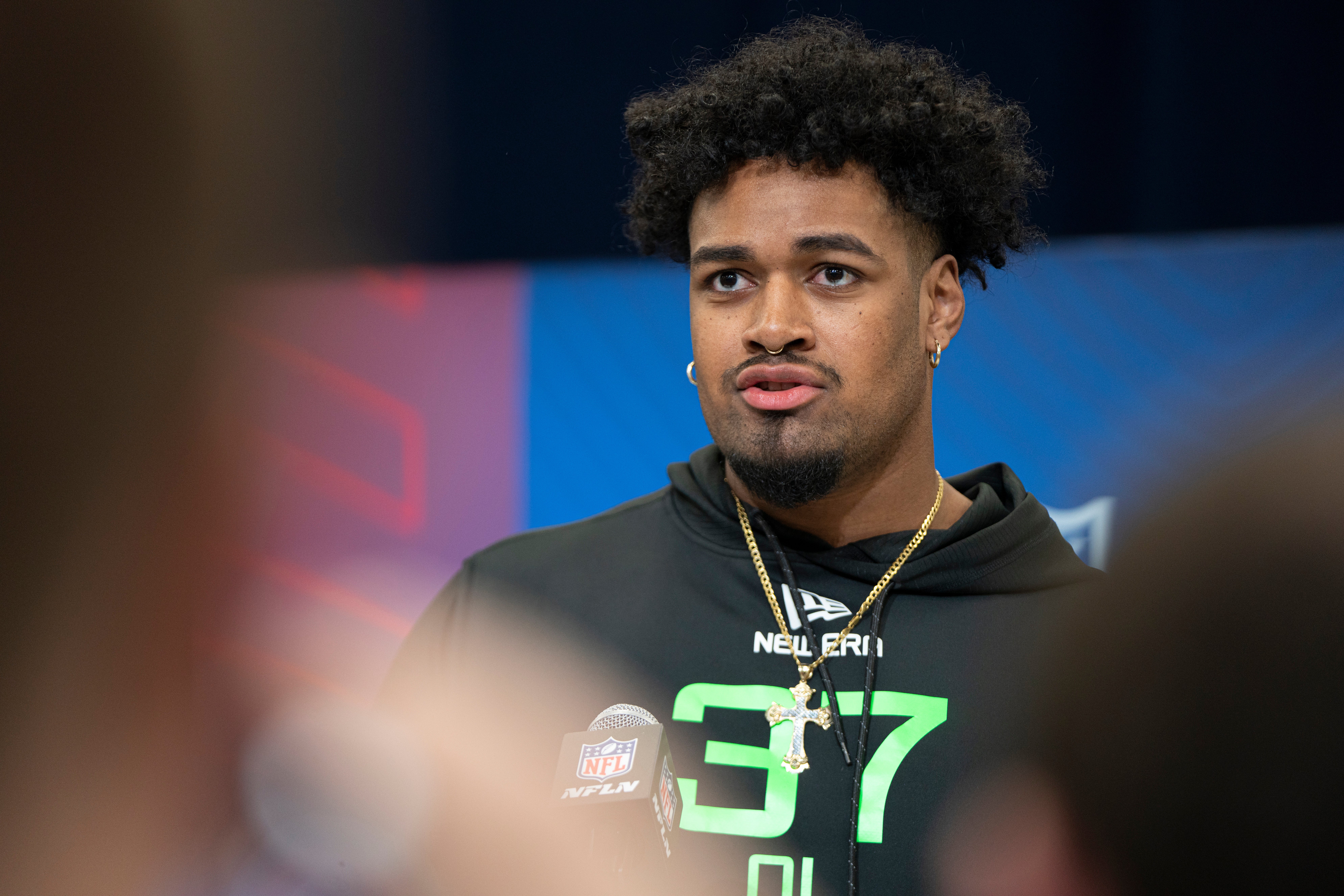 Mar 1, 2025; Indianapolis, IN, USA; Ohio State University offensive lineman Josh Simmons (OL37) answers questions at a press conference during the 2025 NFL Combine at Indiana Convention Center.