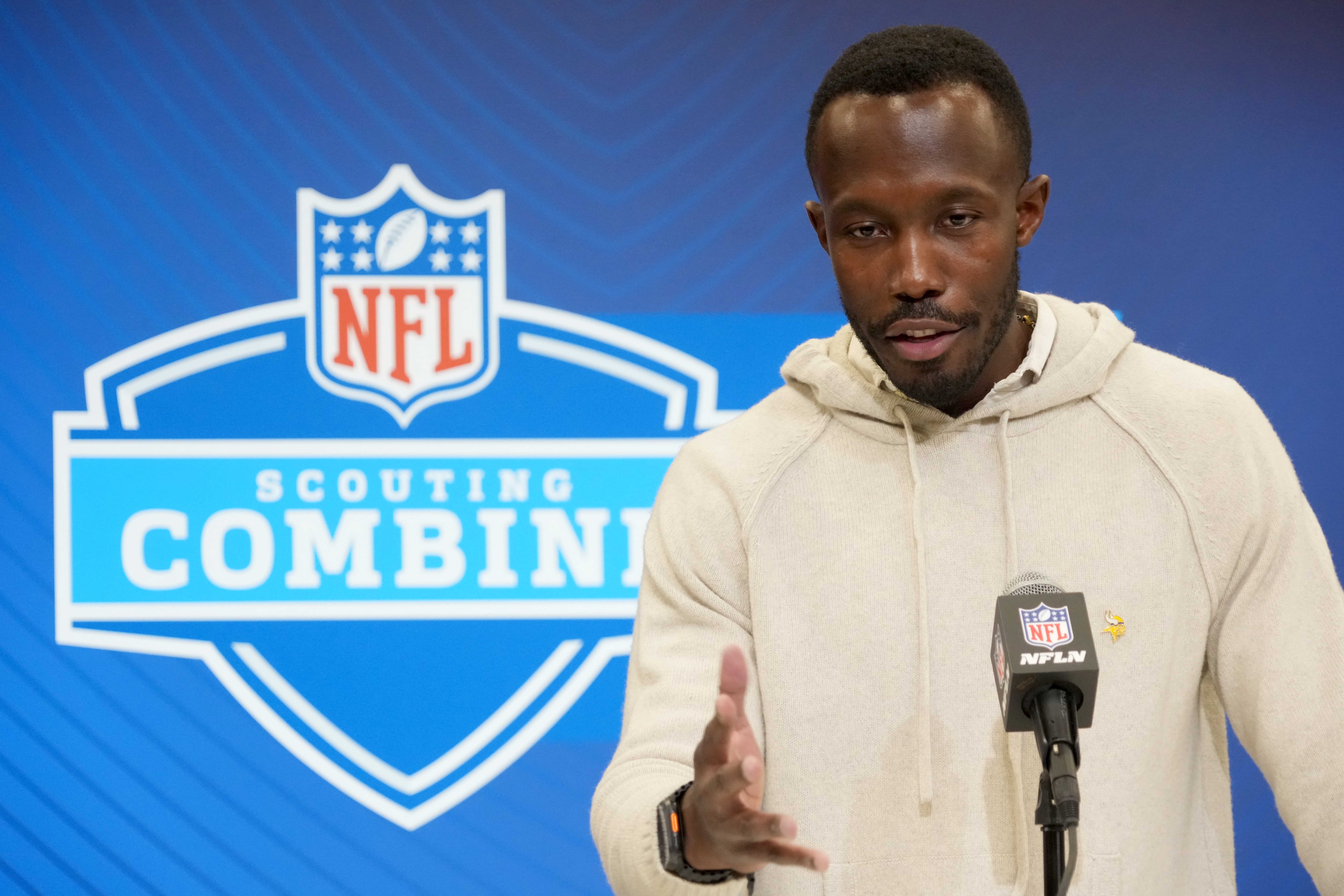 Feb 25, 2025; Indianapolis, IN, USA; Minnesota Vikings general manager Kwesi Adofo-Mensah speaks during the NFL Scouting Combine at the Indiana Convention Center.