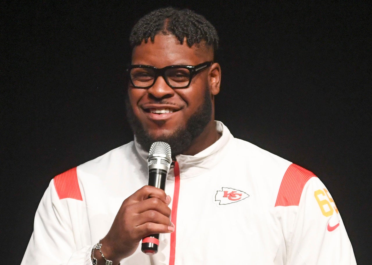 Kansas City Chief and Madison County native Trey Smith helps kicks off the SWHRA Summer Nutrition Program at Carl Perkins Civic Center in Jackson, Tenn., on Tuesday, April 22, 2025.