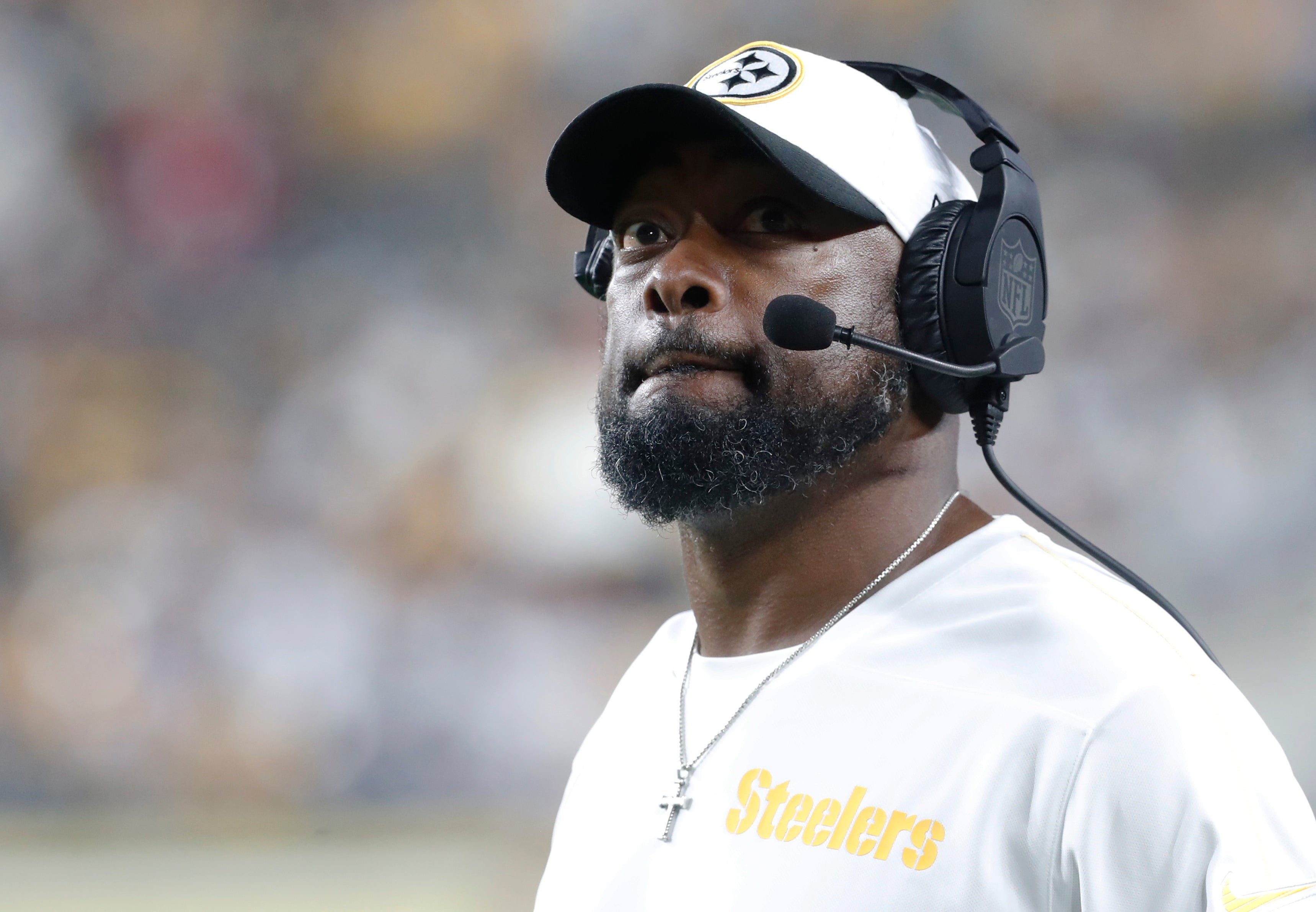 Oct 6, 2024; Pittsburgh, Pennsylvania, USA; Pittsburgh Steelers head coach Mike Tomlin looks on against the Dallas Cowboys during the third quarter at Acrisure Stadium. Dallas won 20-17.