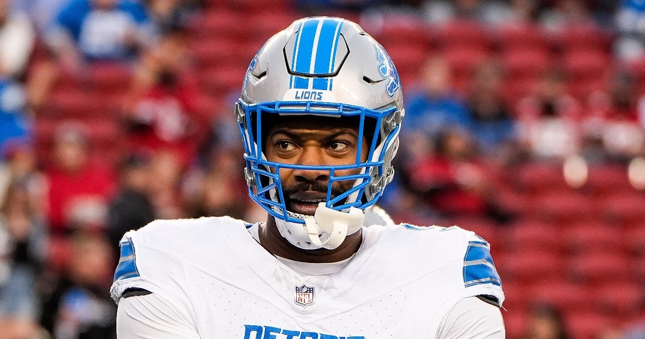 Detroit Lions defensive end Za'Darius Smith (99) stretches at warm up before the game between San Francisco 49ers and Detroit Lions at Levi's Stadium in Santa Clara, Calif. on Monday, Dec. 30, 2024.