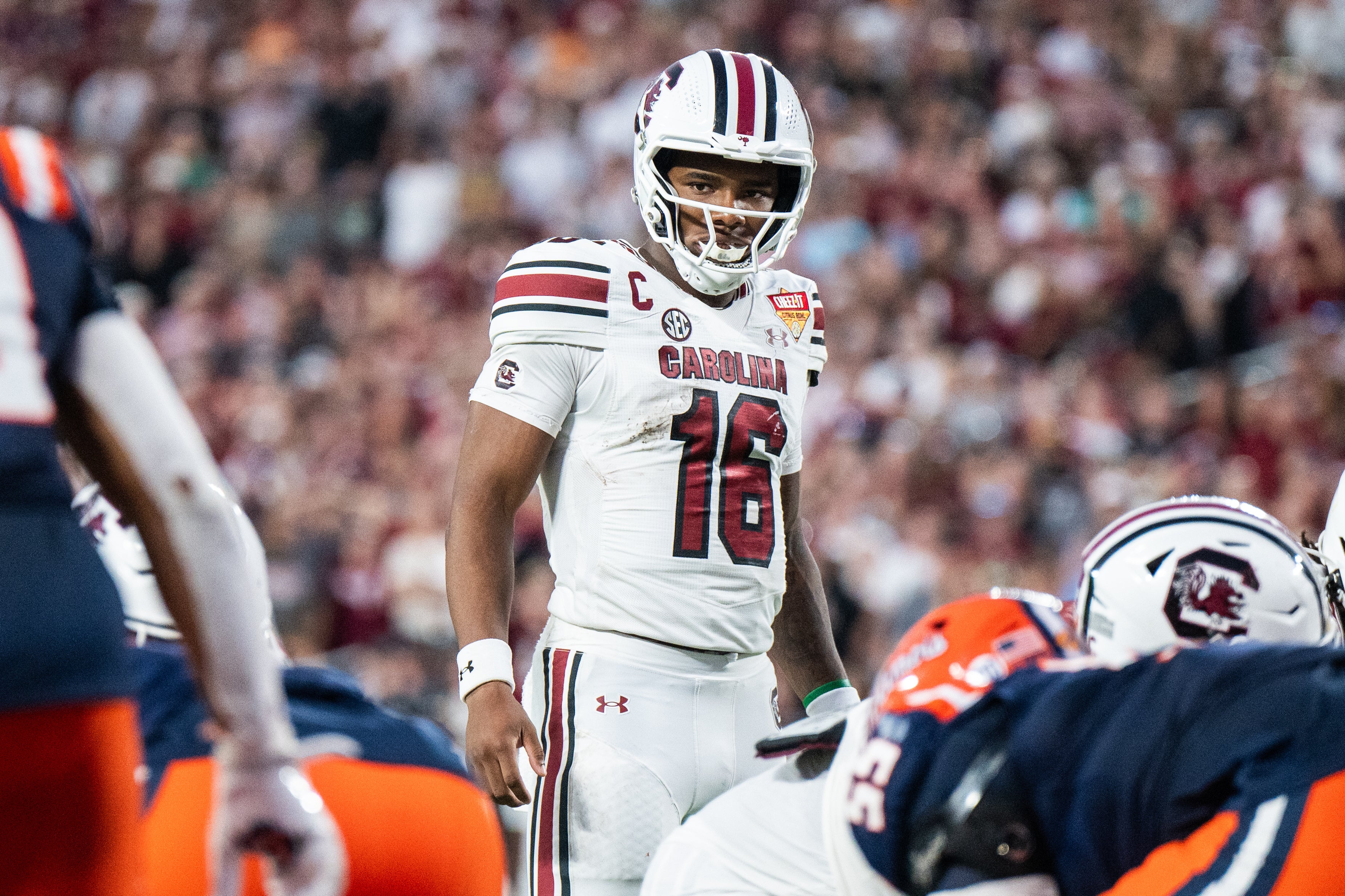 Dec 31, 2024; Orlando, FL, USA; South Carolina Gamecocks quarterback LaNorris Sellers (16) before the play call against the Illinois Fighting Illini in the fourth quarter at Camping World Stadium.