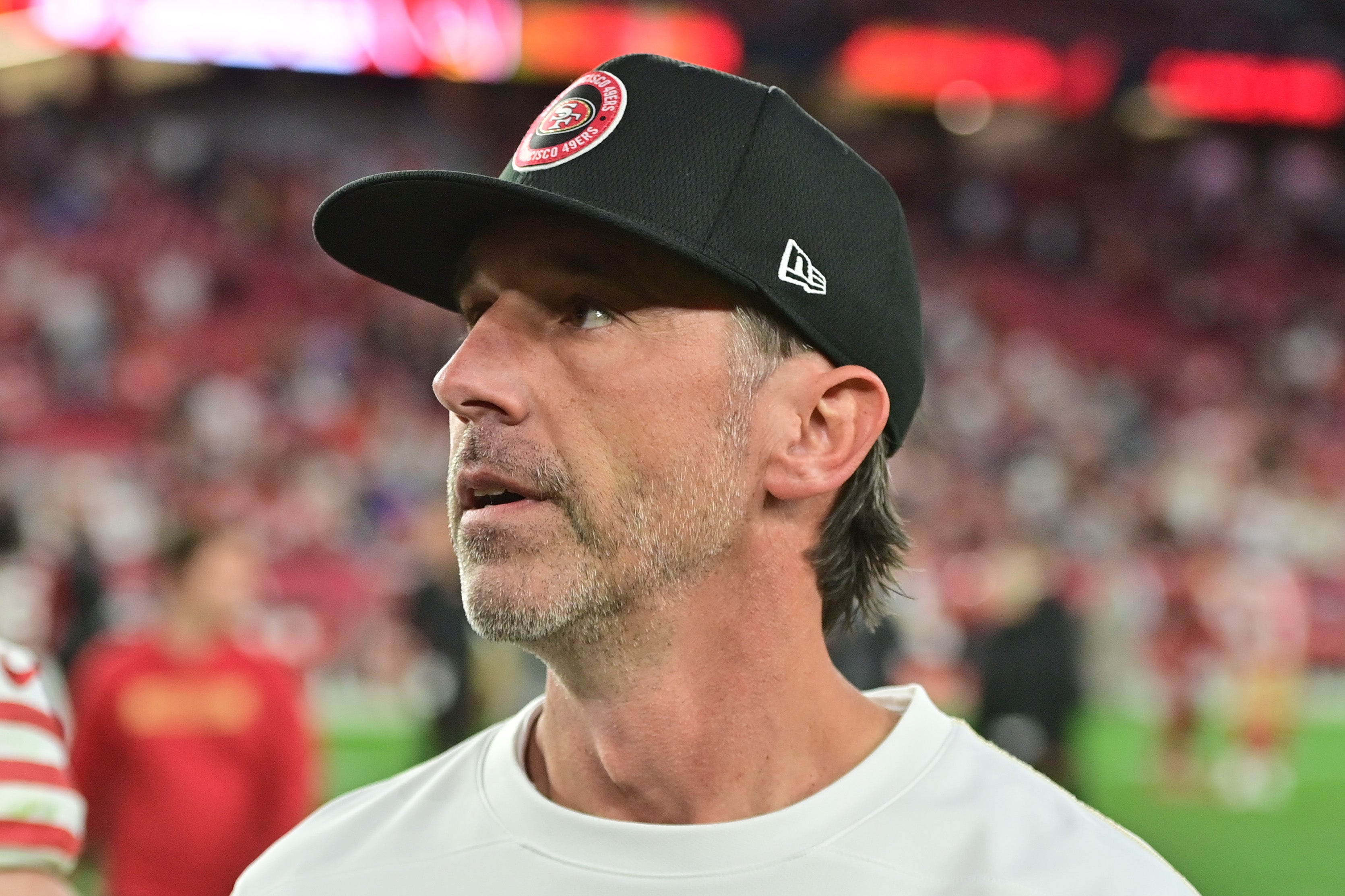 Jan 5, 2025; Glendale, Arizona, USA; San Francisco 49ers head coach Kyle Shanahan looks on after losing to the Arizona Cardinals at State Farm Stadium.