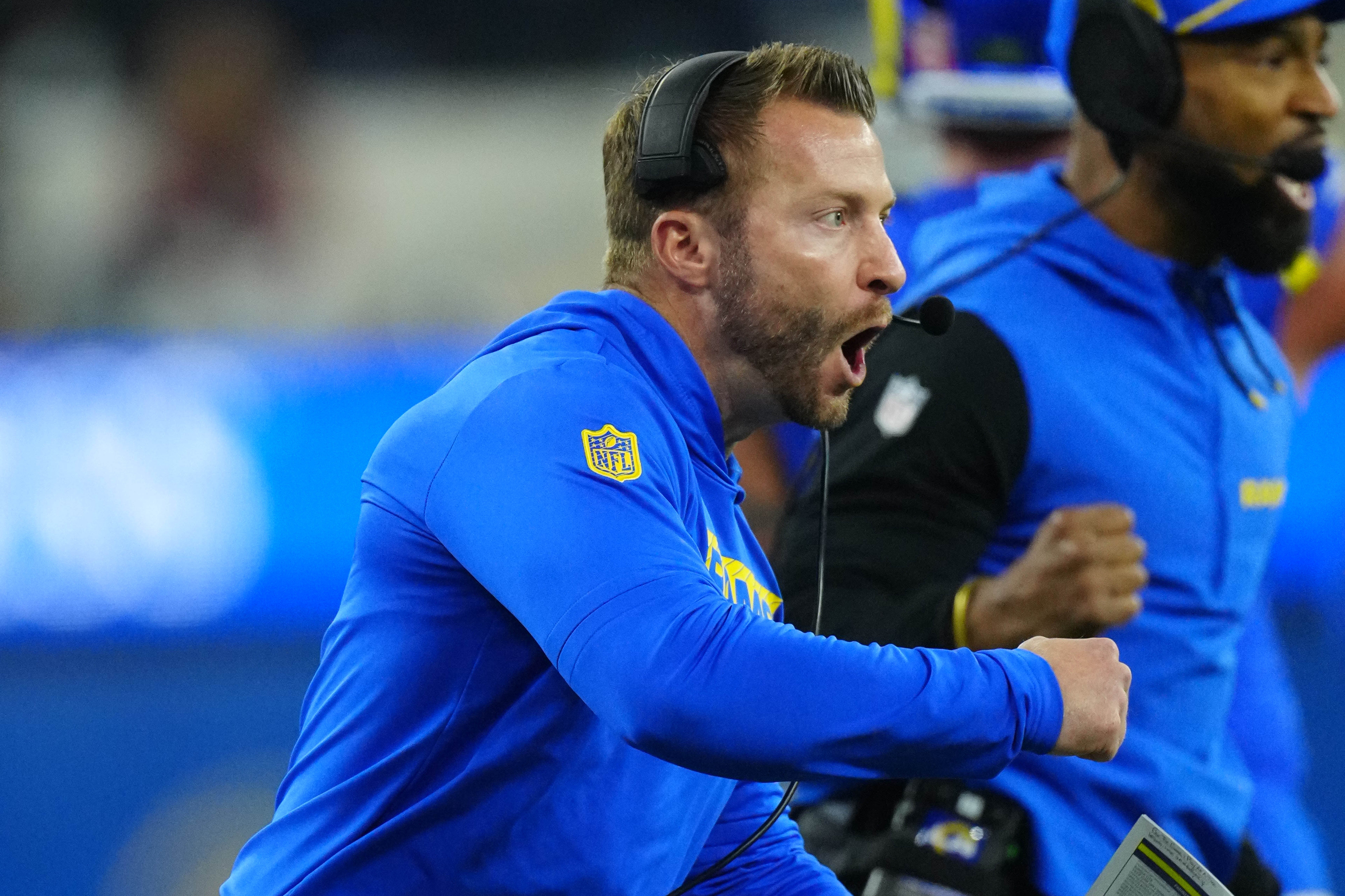 Dec 28, 2024; Inglewood, California, USA; Los Angeles Rams coach Sean McVay reacts against the Arizona Cardinals in the first half at SoFi Stadium.