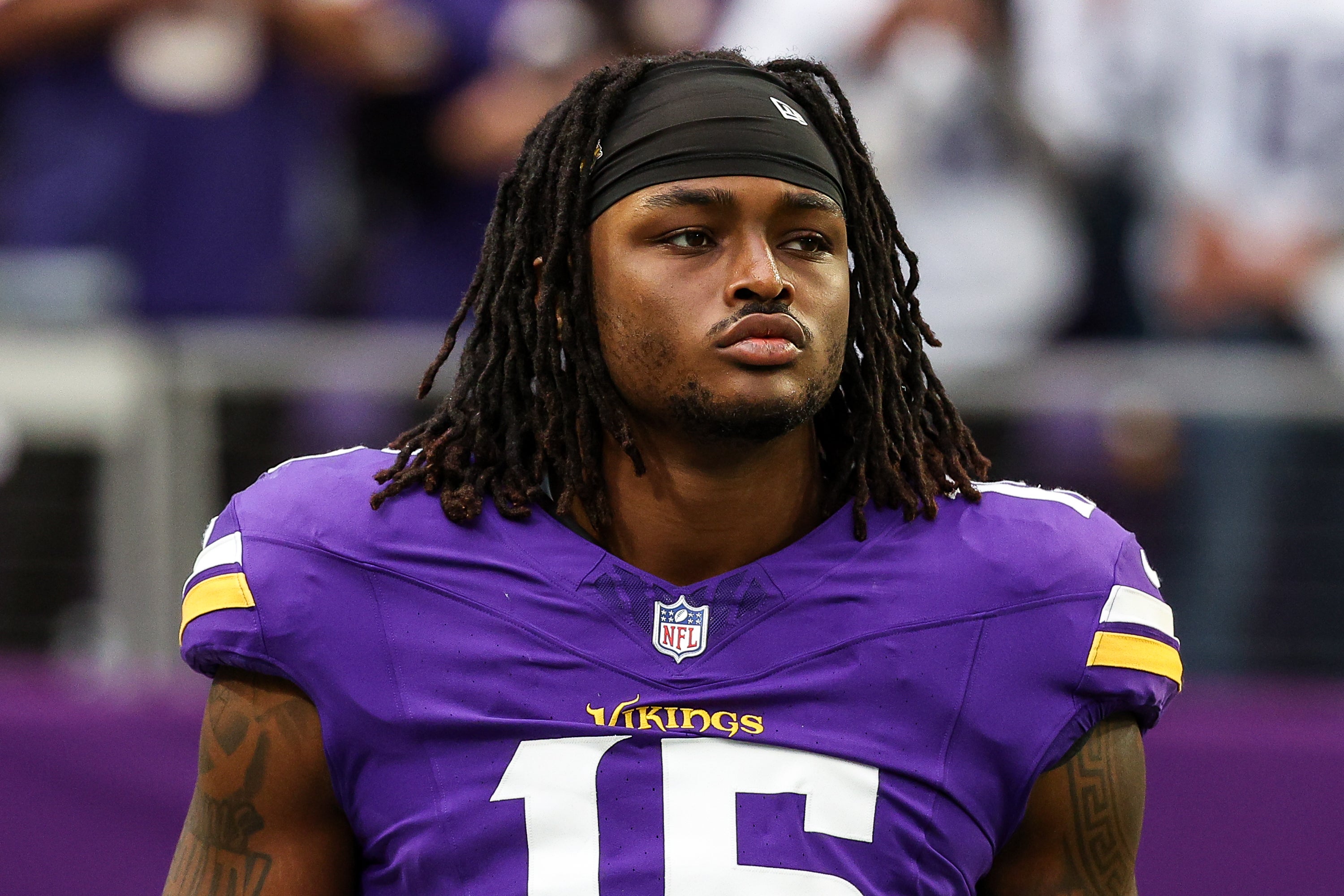 Dec 8, 2024; Minneapolis, Minnesota, USA; Minnesota Vikings linebacker Dallas Turner (15) looks on before the game against the Atlanta Falcons at U.S. Bank Stadium.