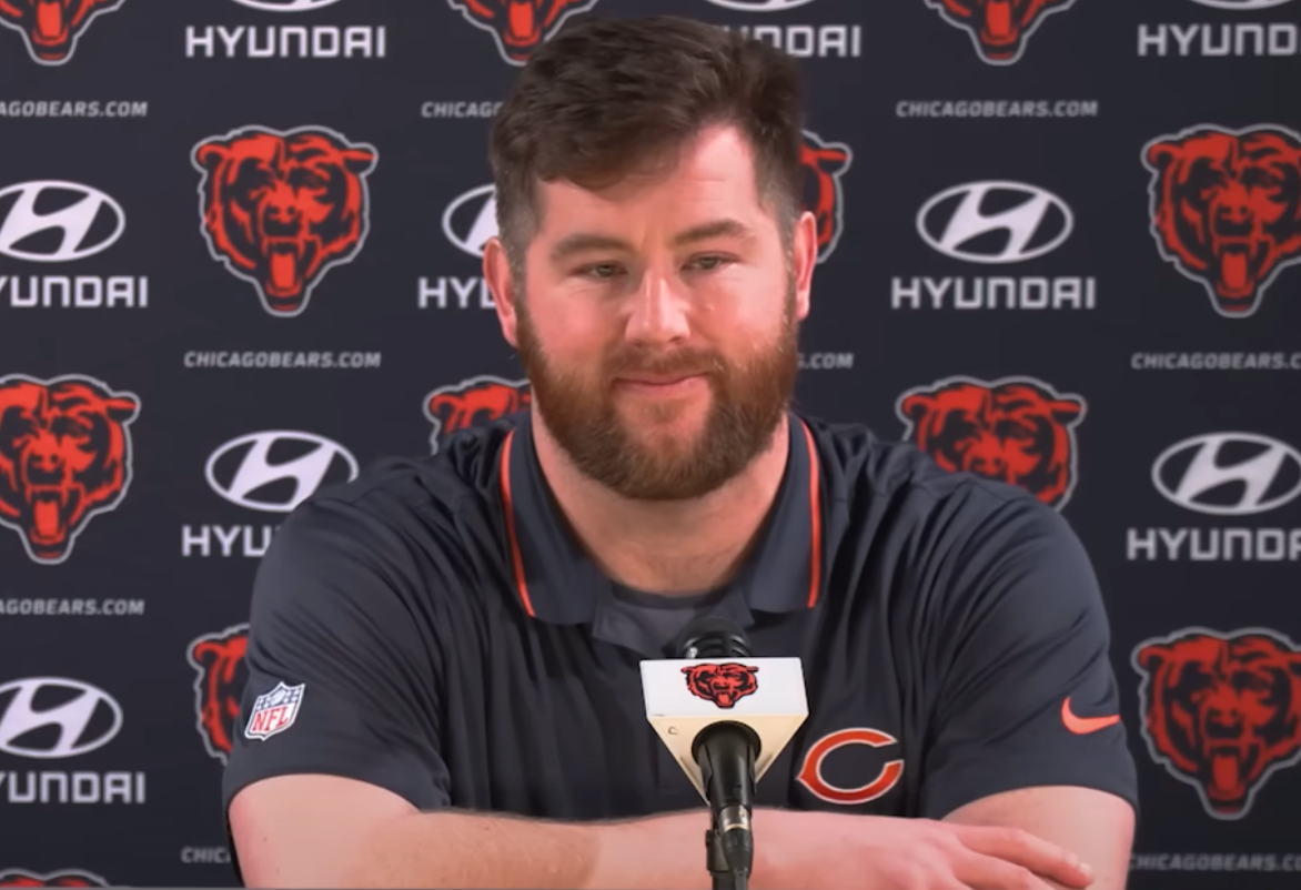 Joe Thuney addresses the media at Halas Hall.