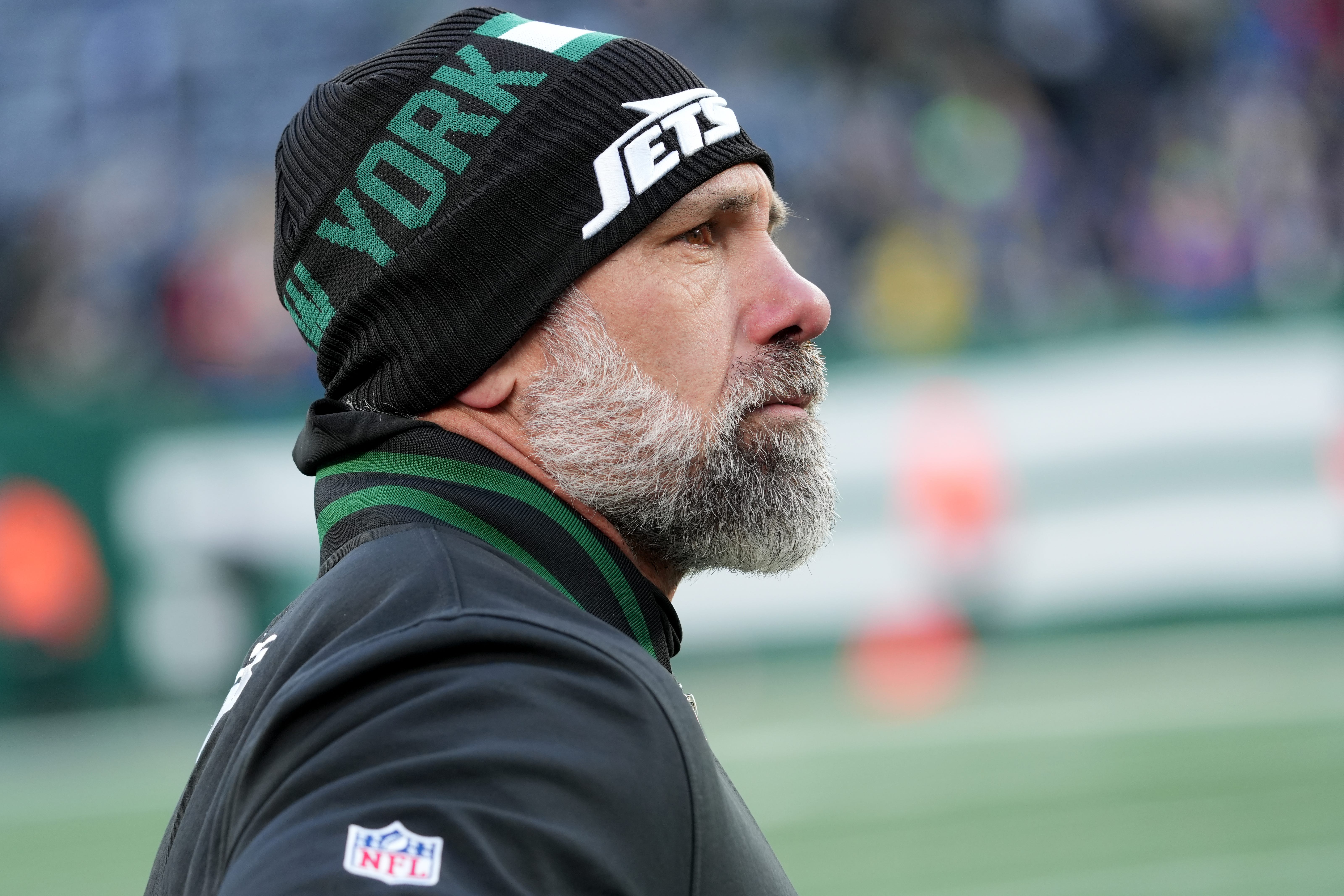 New York Jets Interim Head Coach Jeff Ulbrich watches the game in the fourth quarter with his team down 19-9 against the Los Angeles Rams, Sunday, December 22, 2024, in East Rutherford.