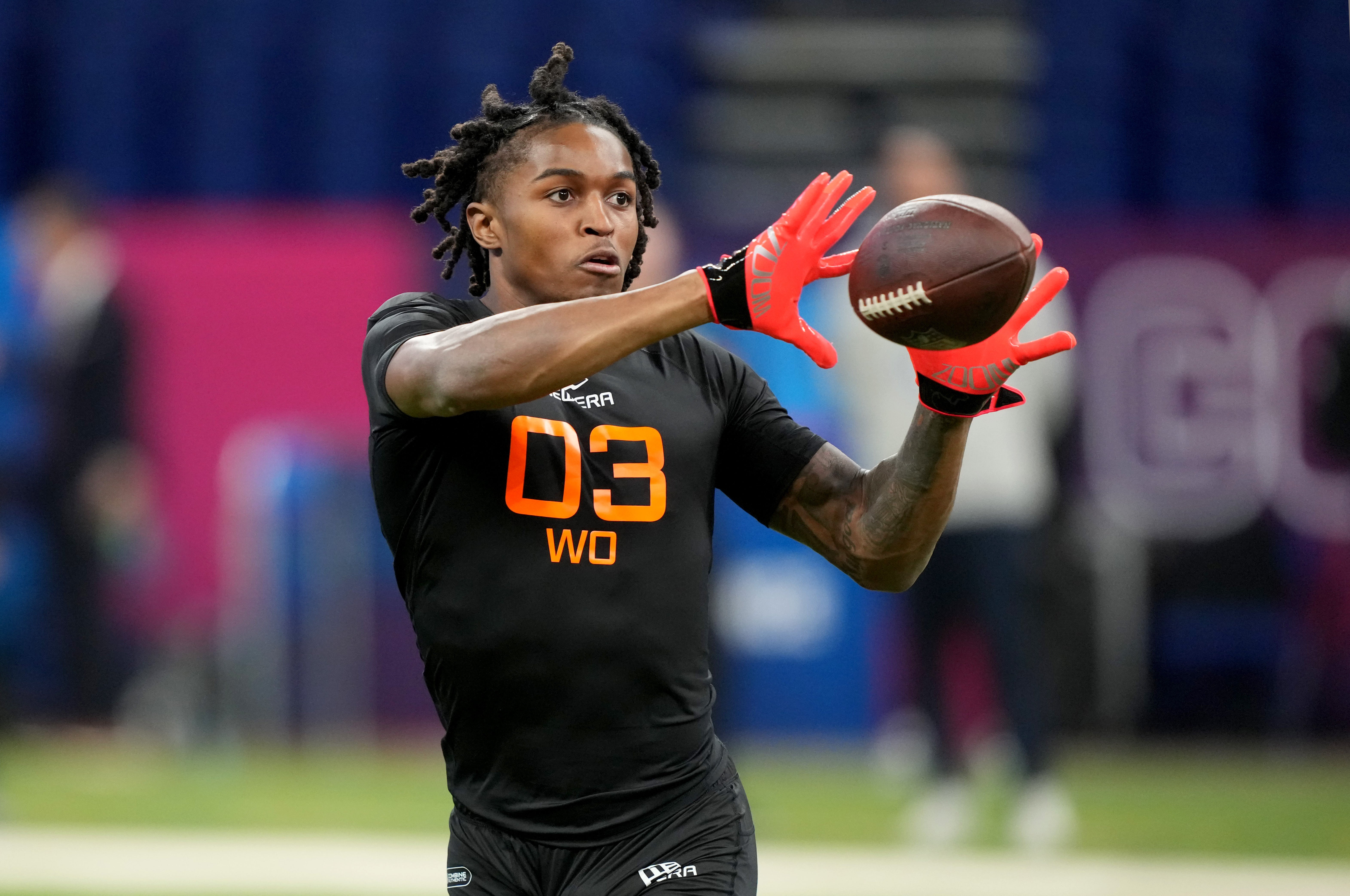 Mar 1, 2025; Indianapolis, IN, USA; Florida Gators wideout Elijah Badger (WO03) during the 2025 NFL Combine at Lucas Oil Stadium.