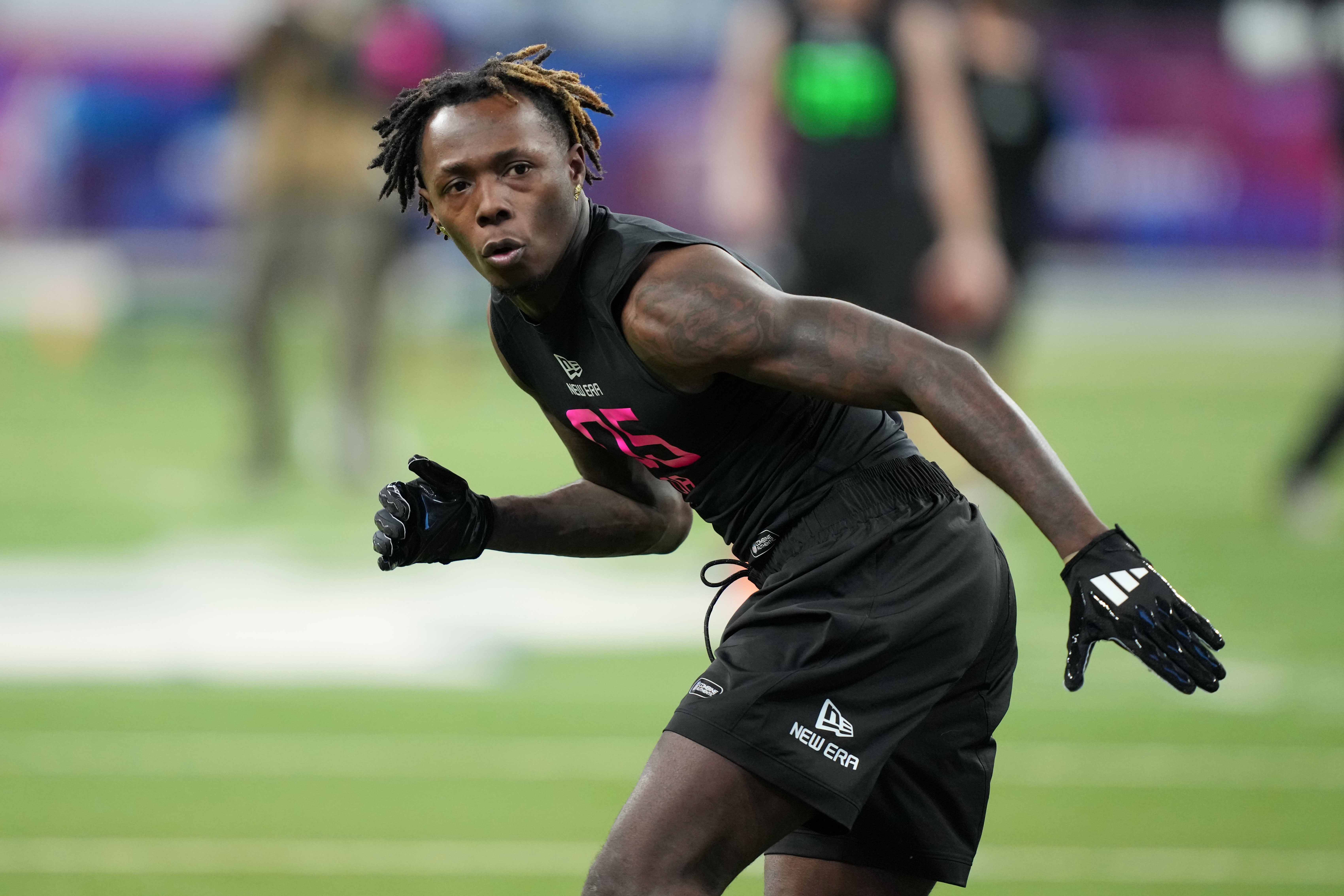 Kansas defensive back Cobee Bryant (DB05) participates in drills during the 2025 NFL Combine