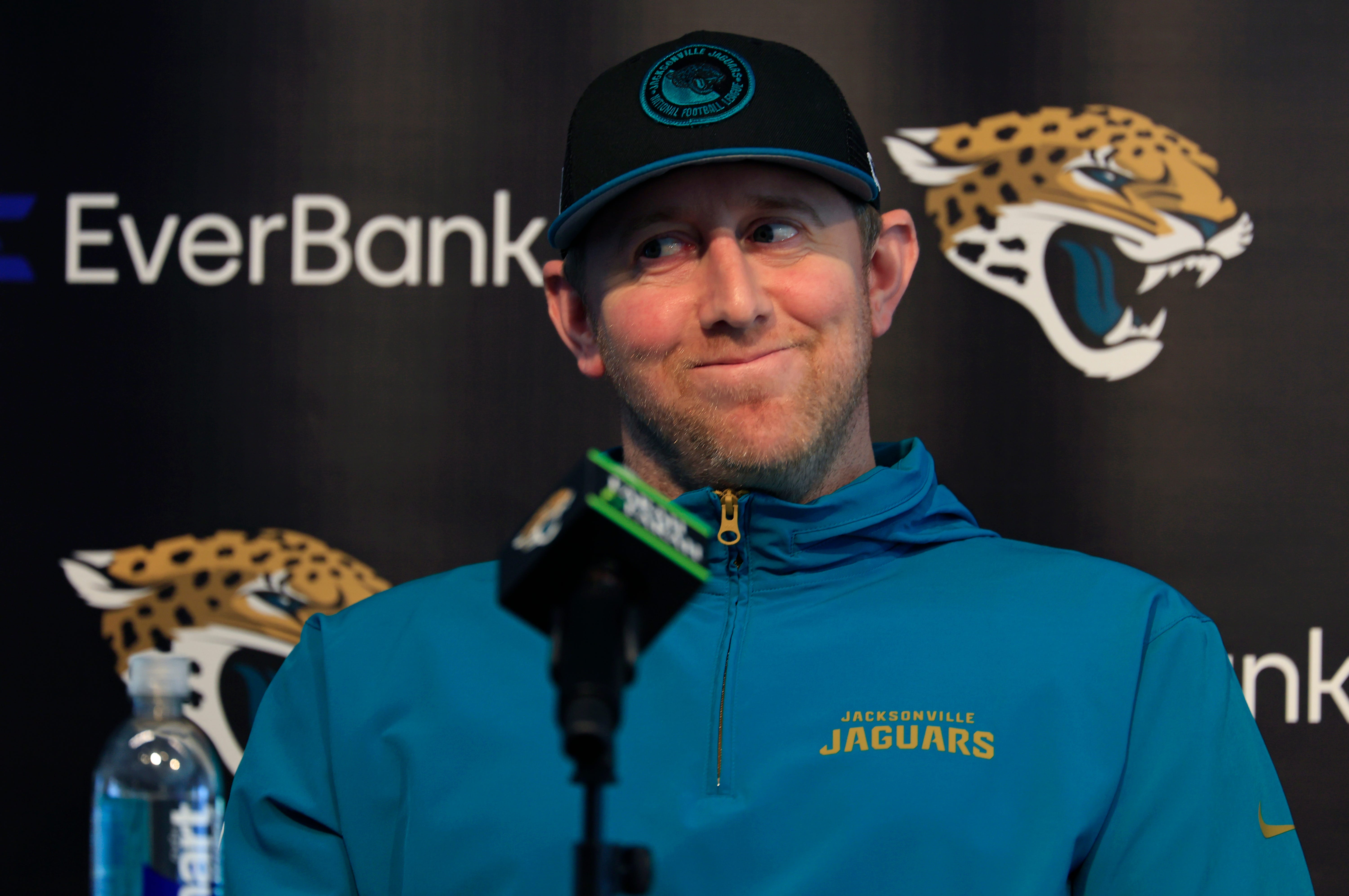Jacksonville Jaguars head coach Liam Coen smiles during a press conference at Miller Electric Center Tuesday, April 15, 2025 in Jacksonville, Fla.