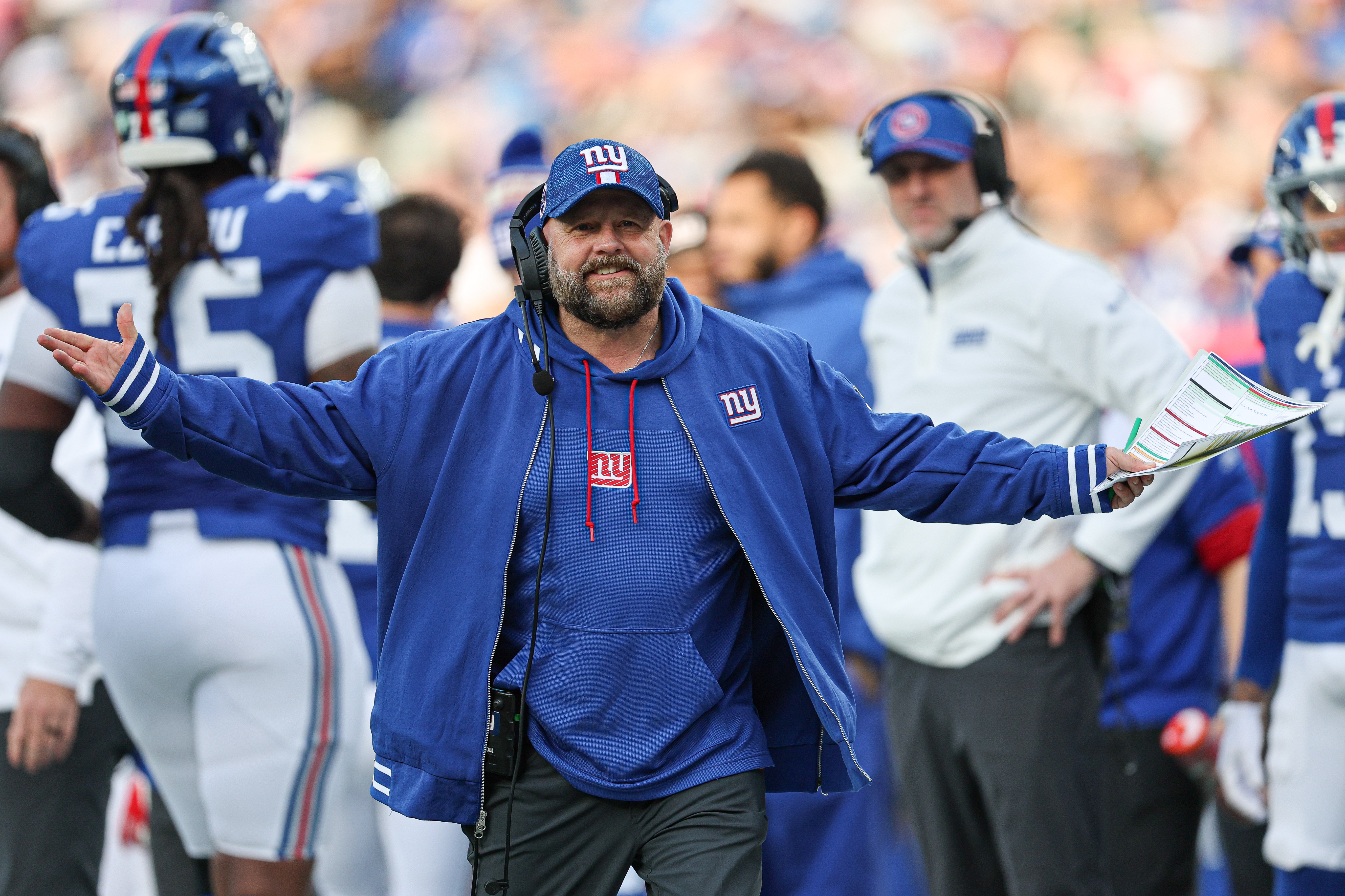 Dec 29, 2024; East Rutherford, New Jersey, USA; New York Giants head coach Brian Daboll reacts during the first half against the Indianapolis Colts at MetLife Stadium.