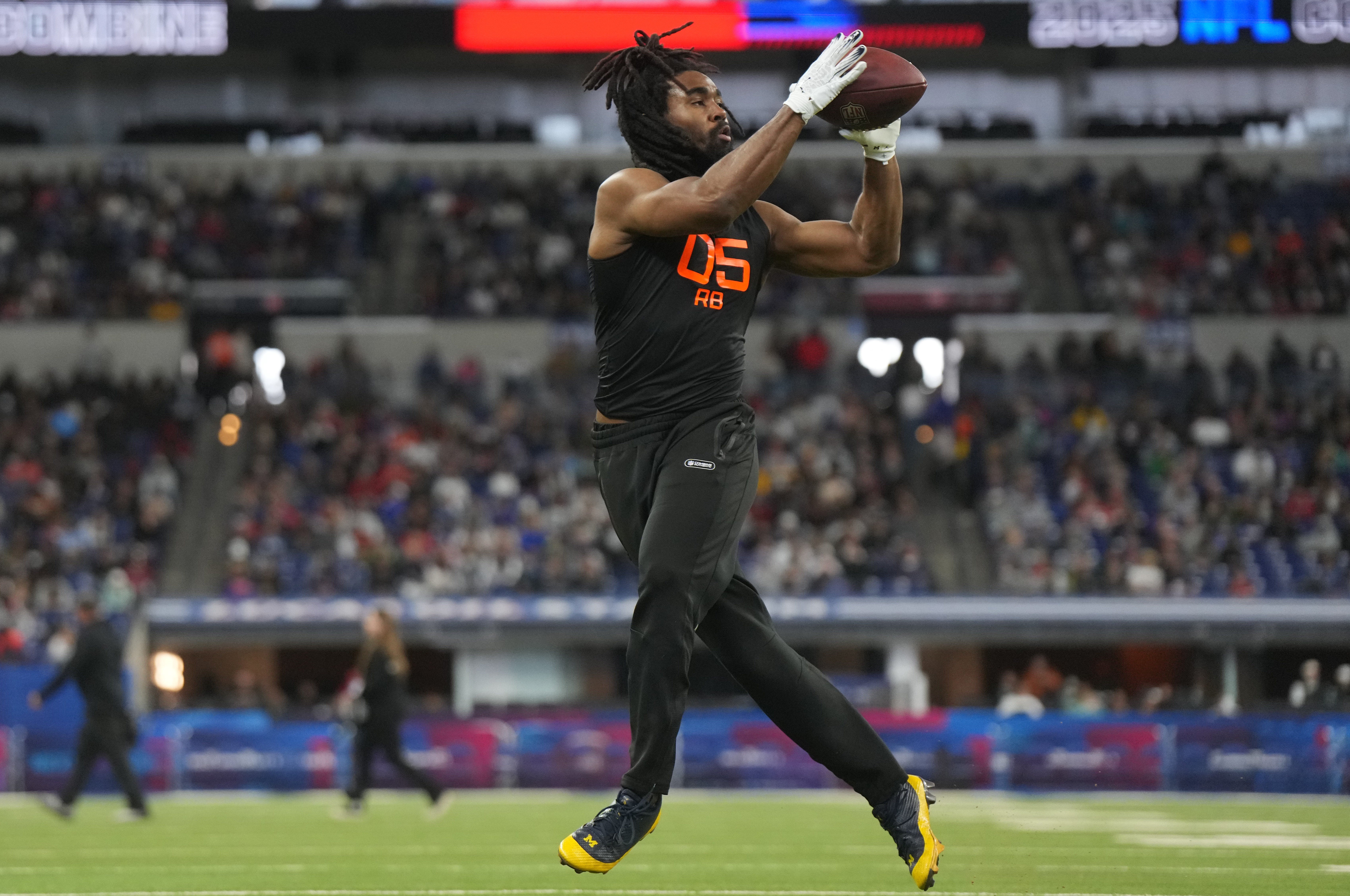 Michigan running back Donovan Edwards (RB05) during the 2025 NFL Combine at Lucas Oil Stadium.