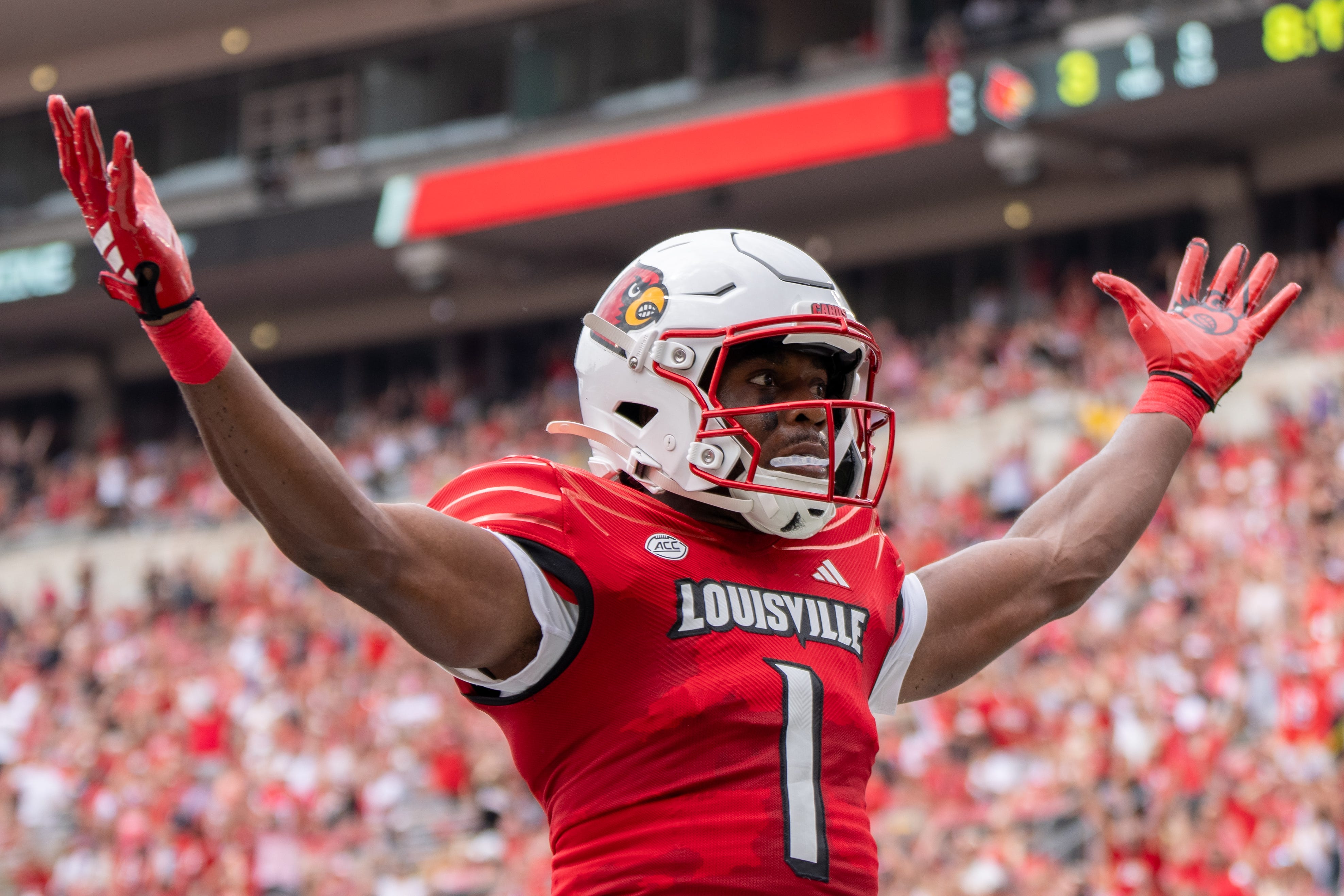 Louisville Cardinals wide receiver Ja'Corey Brooks (1) celebrates his touchdown during their game against the Austin Peay Governors on Saturday, Aug. 31, 2024 at L&N Federal Credit Union Stadium in Louisville, Ky.