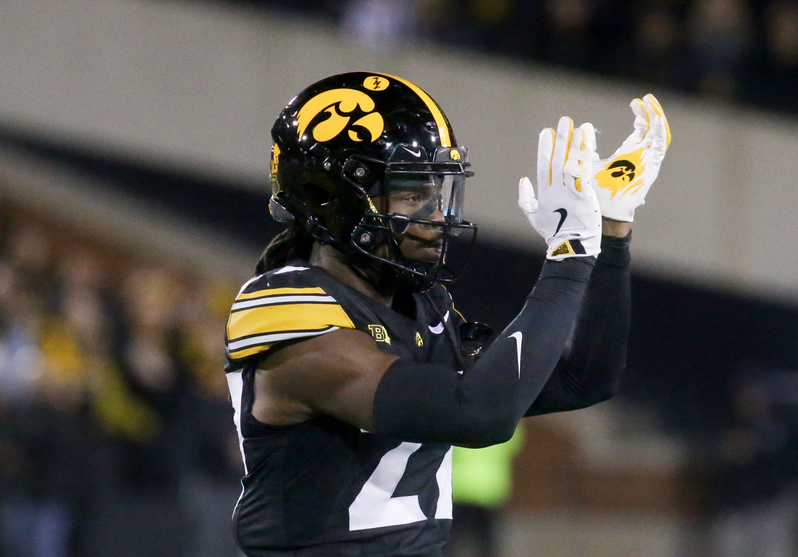 Iowa defensive back Jermari Harris (27) applauds after a play against Wisconsin Saturday, Nov. 2, 2024 at Kinnick Stadium in Iowa City, Iowa.