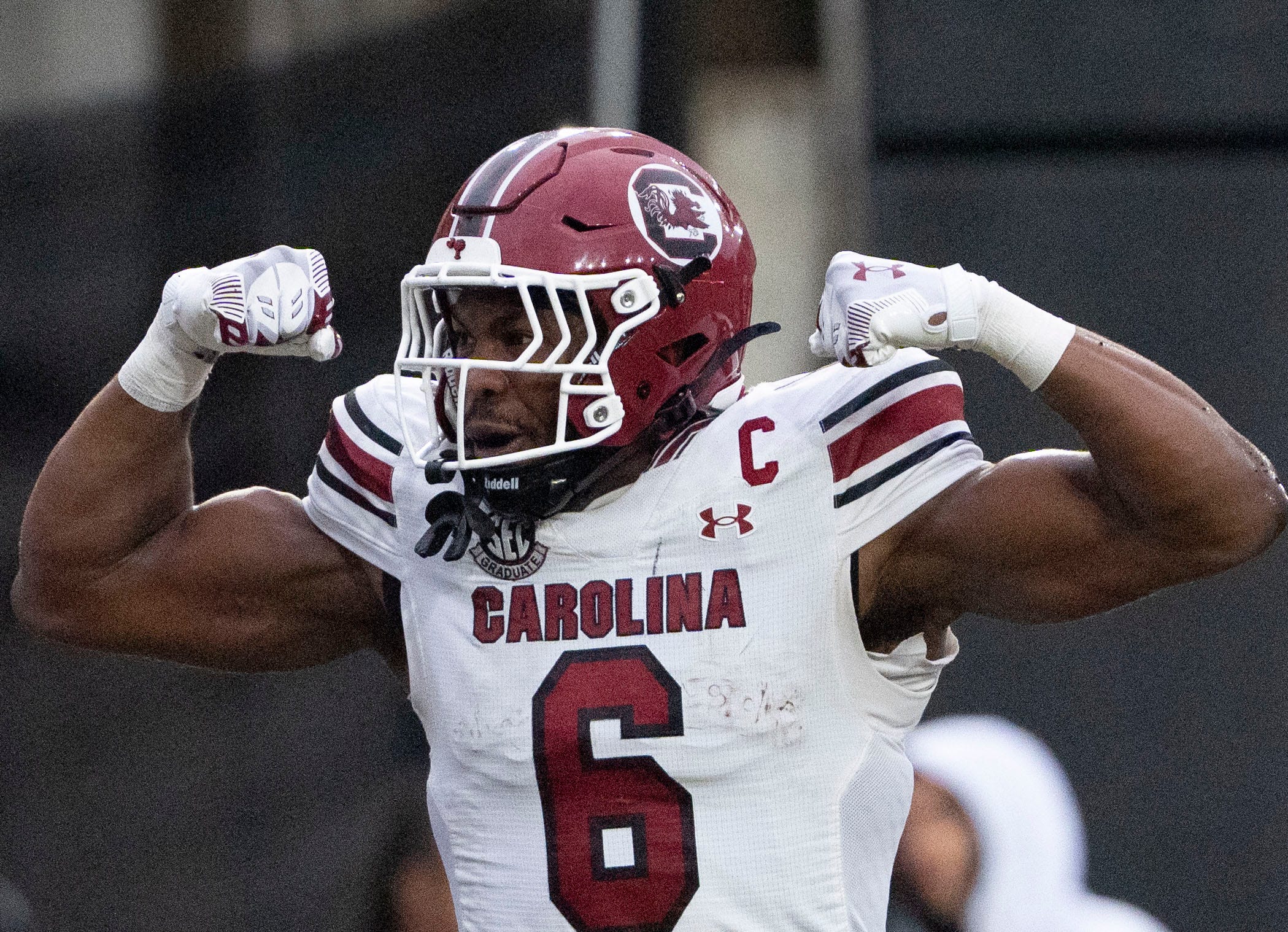 South Carolina Gamecocks tight end Joshua Simon (6) celebrates after scoring a touchdown against Vanderbilt Commodores during the first half at FirstBank Stadium in Nashville, Tenn., Saturday, Nov. 9, 2024.
