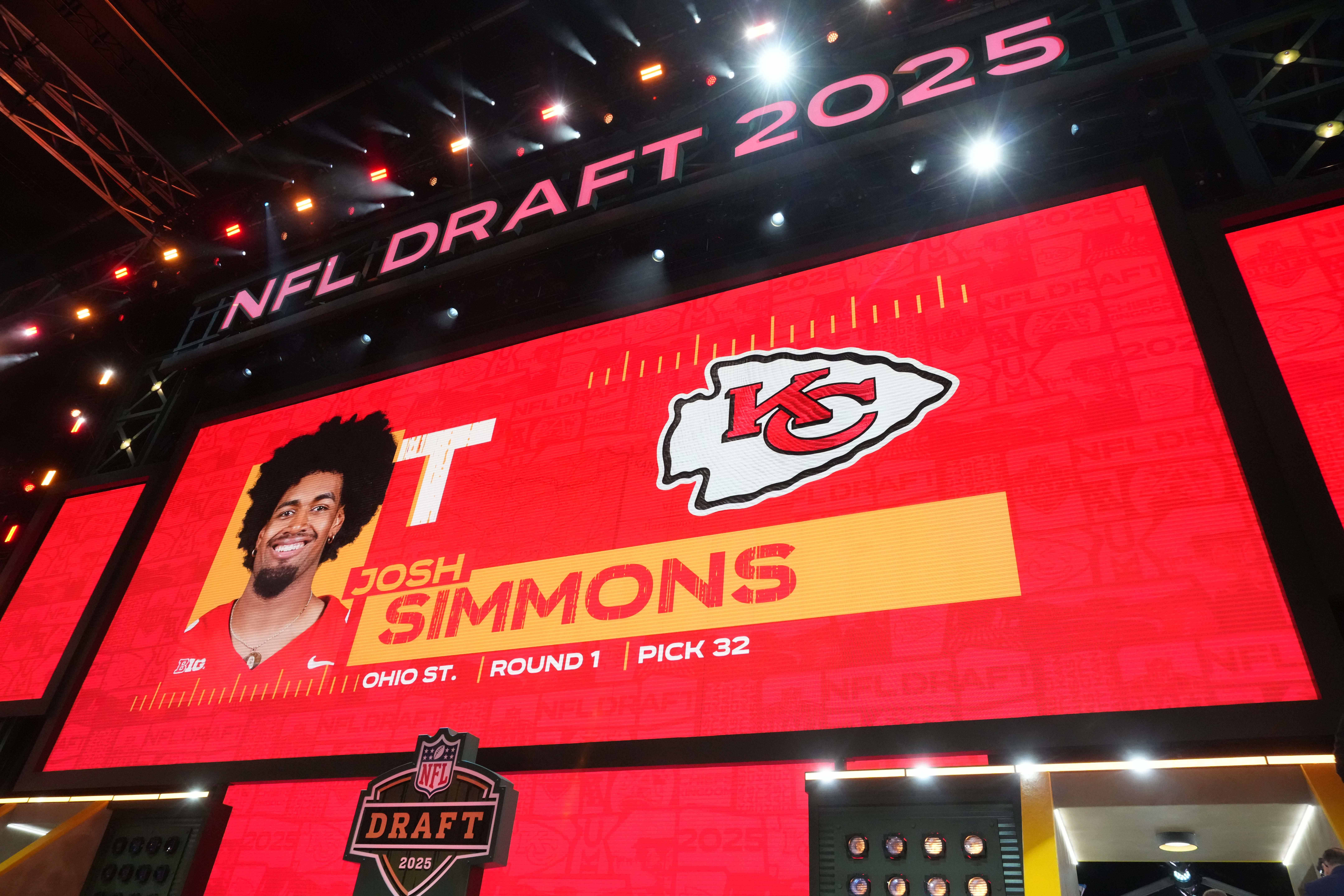 Apr 24, 2025; Green Bay, WI, USA; Ohio State Buckeyes tackle Josh Simmons is selected as the No. 32 pick by the Kansas City Chiefs during the NFL Draft at Lambeau Field.