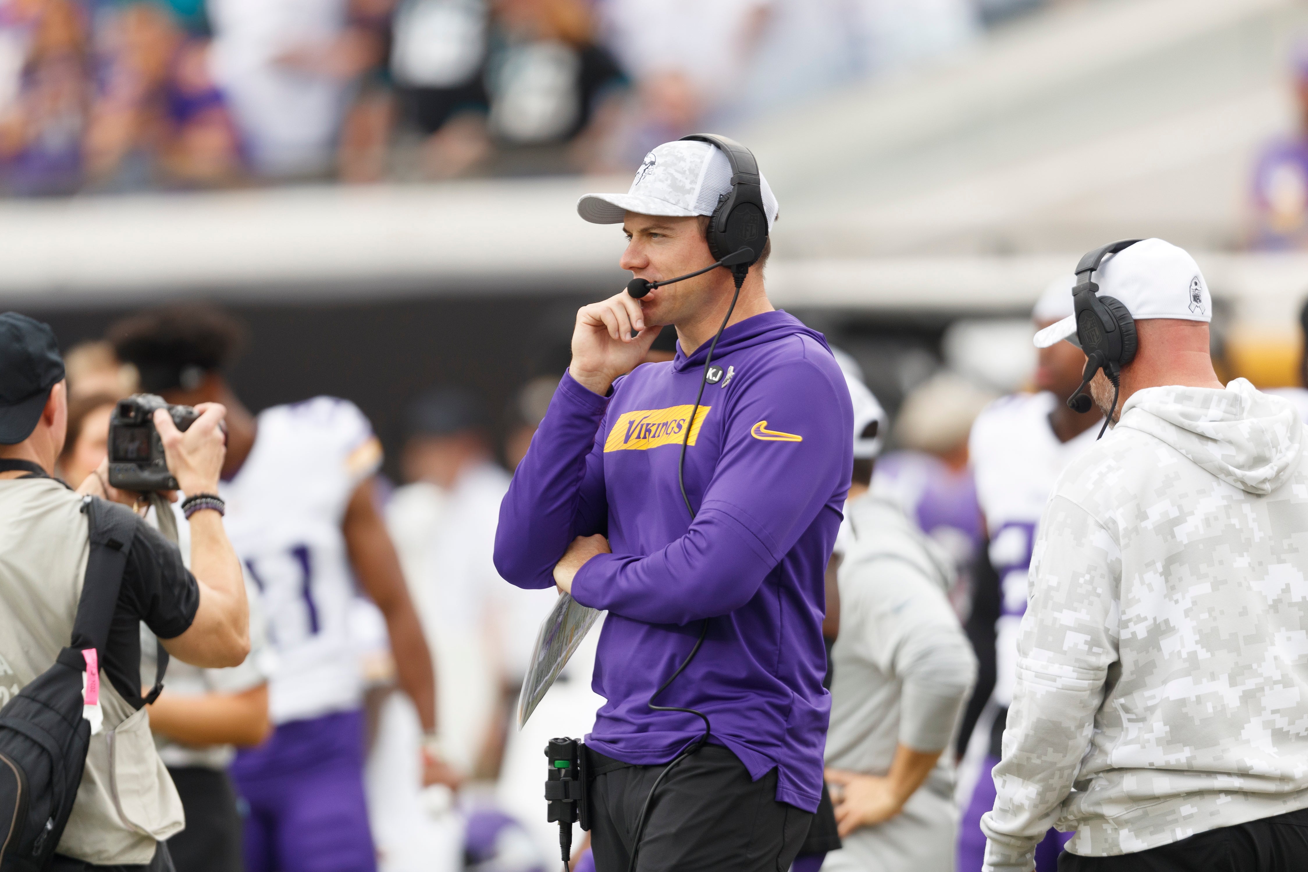 Nov 10, 2024; Jacksonville, Florida, USA; Minnesota Vikings head coach Kevin O'Connell before the game against the Jacksonville Jaguars at EverBank Stadium.