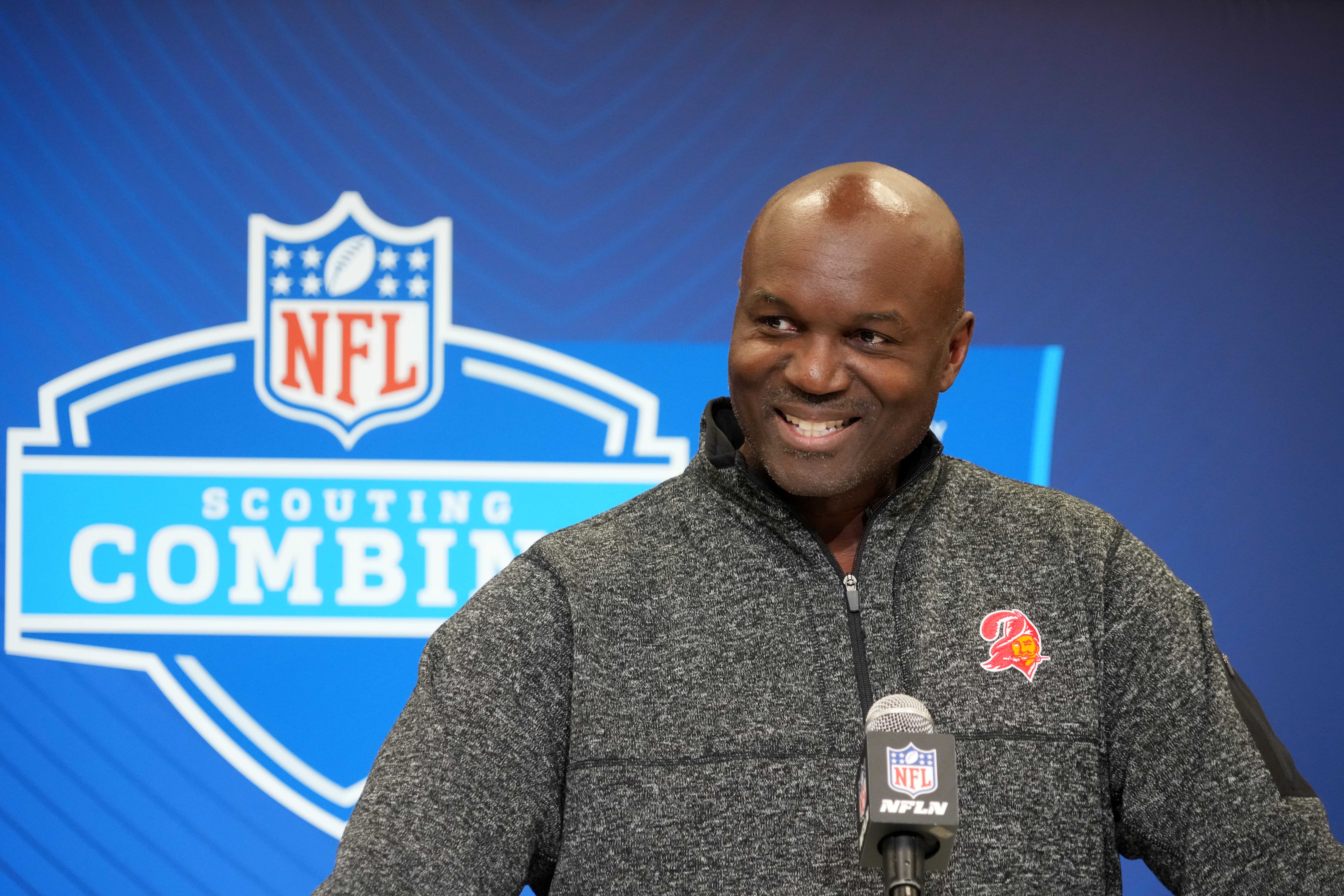 Feb 25, 2025; Indianapolis, IN, USA; Tampa Bay Buccaneers coach Todd Bowles speaks during the NFL Scouting Combine at the Indiana Convention Center.