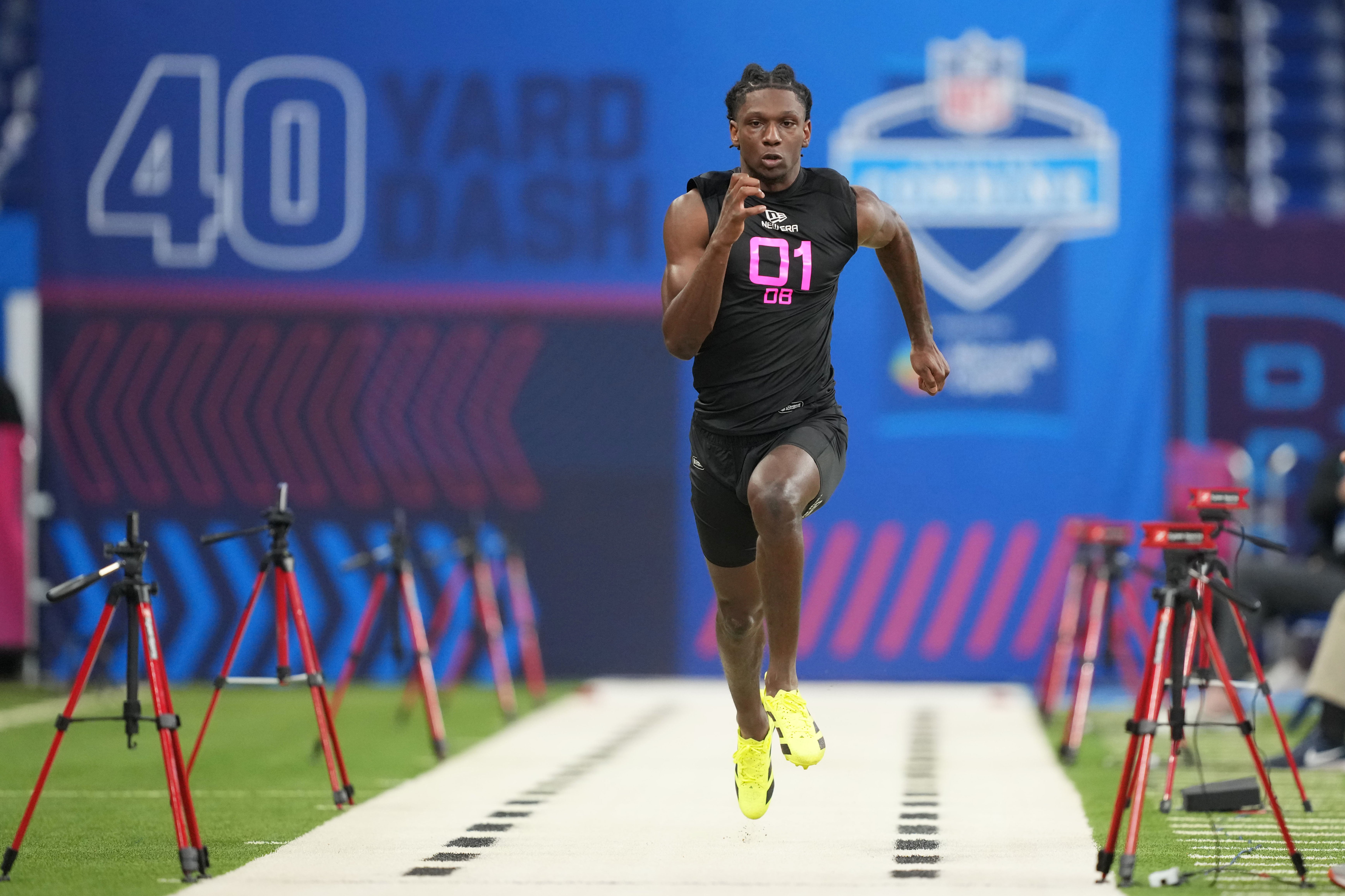UCF defensive back BJ Adams (DB01) runs in the 40 yard dash during the 2025 NFL Combine at Lucas Oil Stadium.