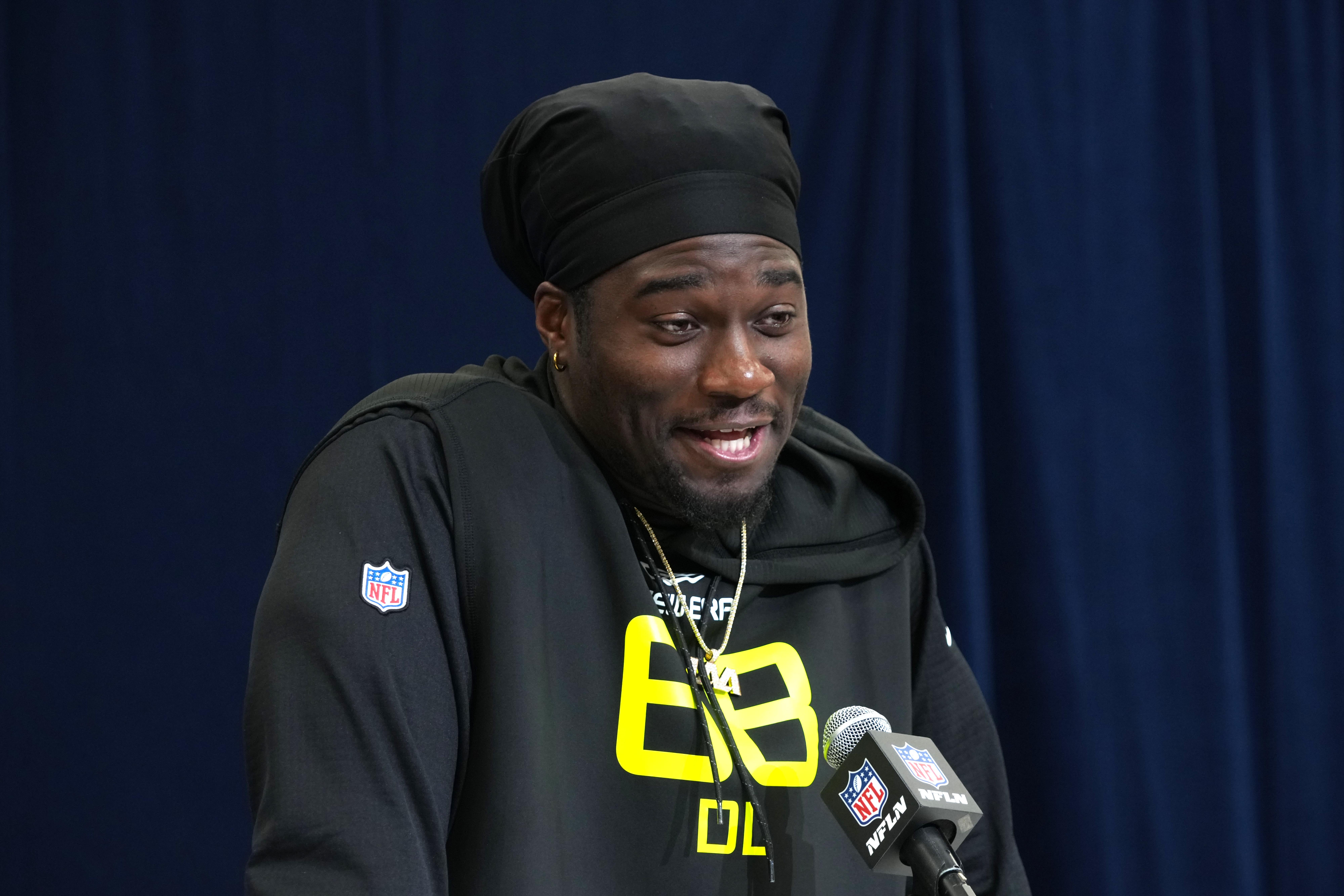 Feb 26, 2025; Indianapolis, IN, USA; Texas A&M defensive lineman Shemar Stewart (DL68) during the 2025 NFL Scouting Combine at the Indiana Convention Center.
