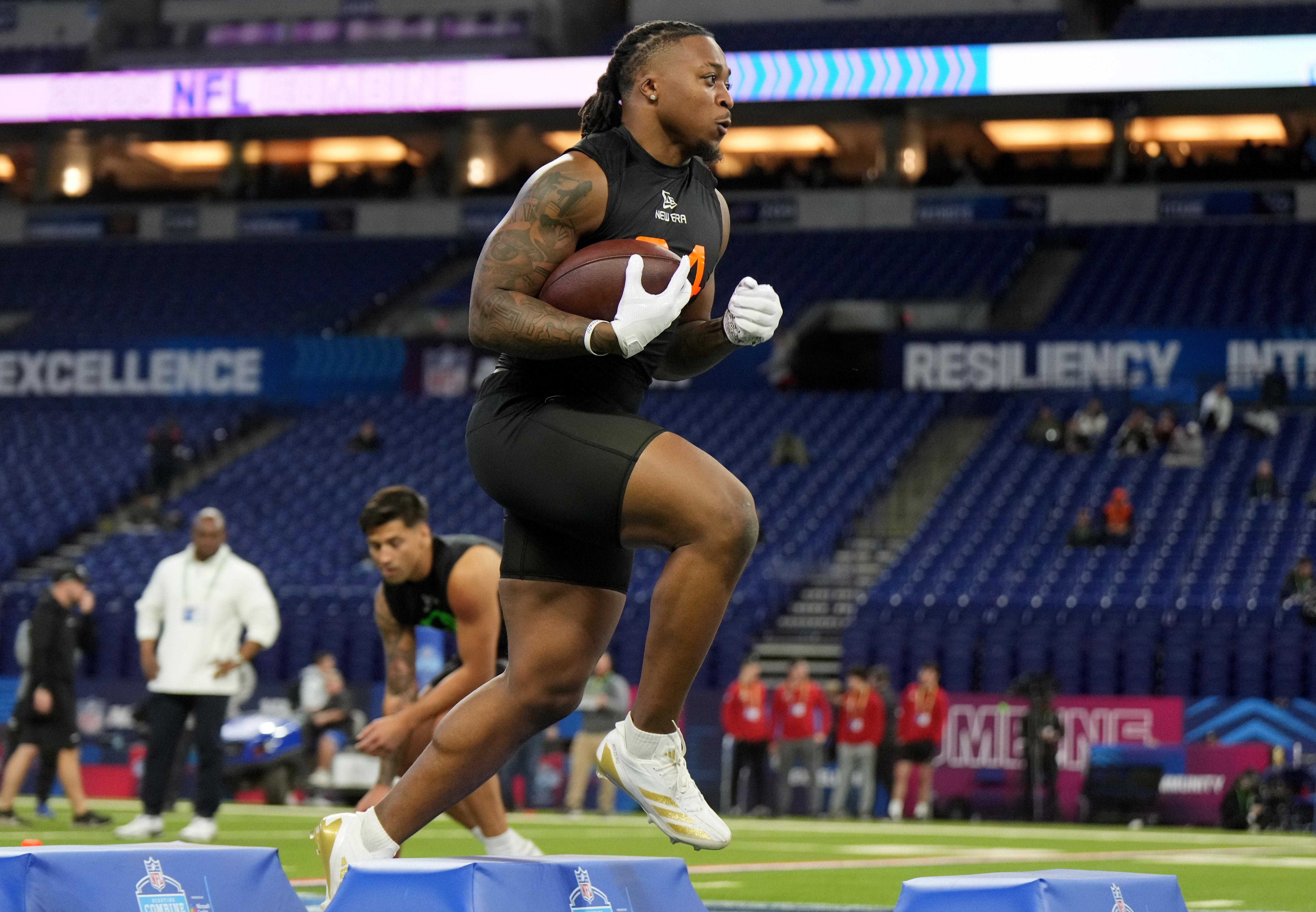 Mar 1, 2025; Indianapolis, IN, USA; Texas Tech running back Tahj Brooks (RB04) during the 2025 NFL Combine at Lucas Oil Stadium.