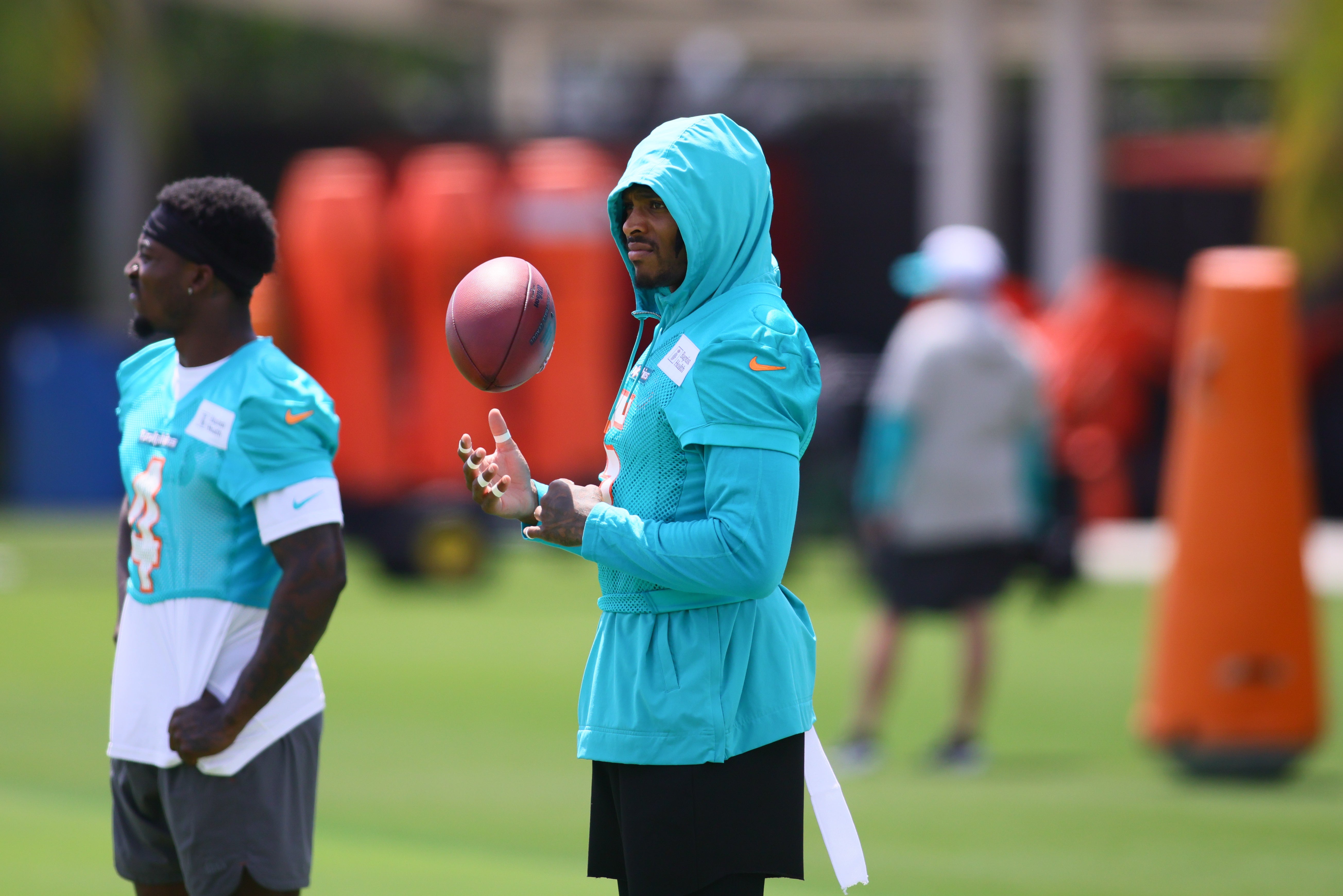 Miami Dolphins cornerback Jalen Ramsey (5) looks on during mandatory minicamp