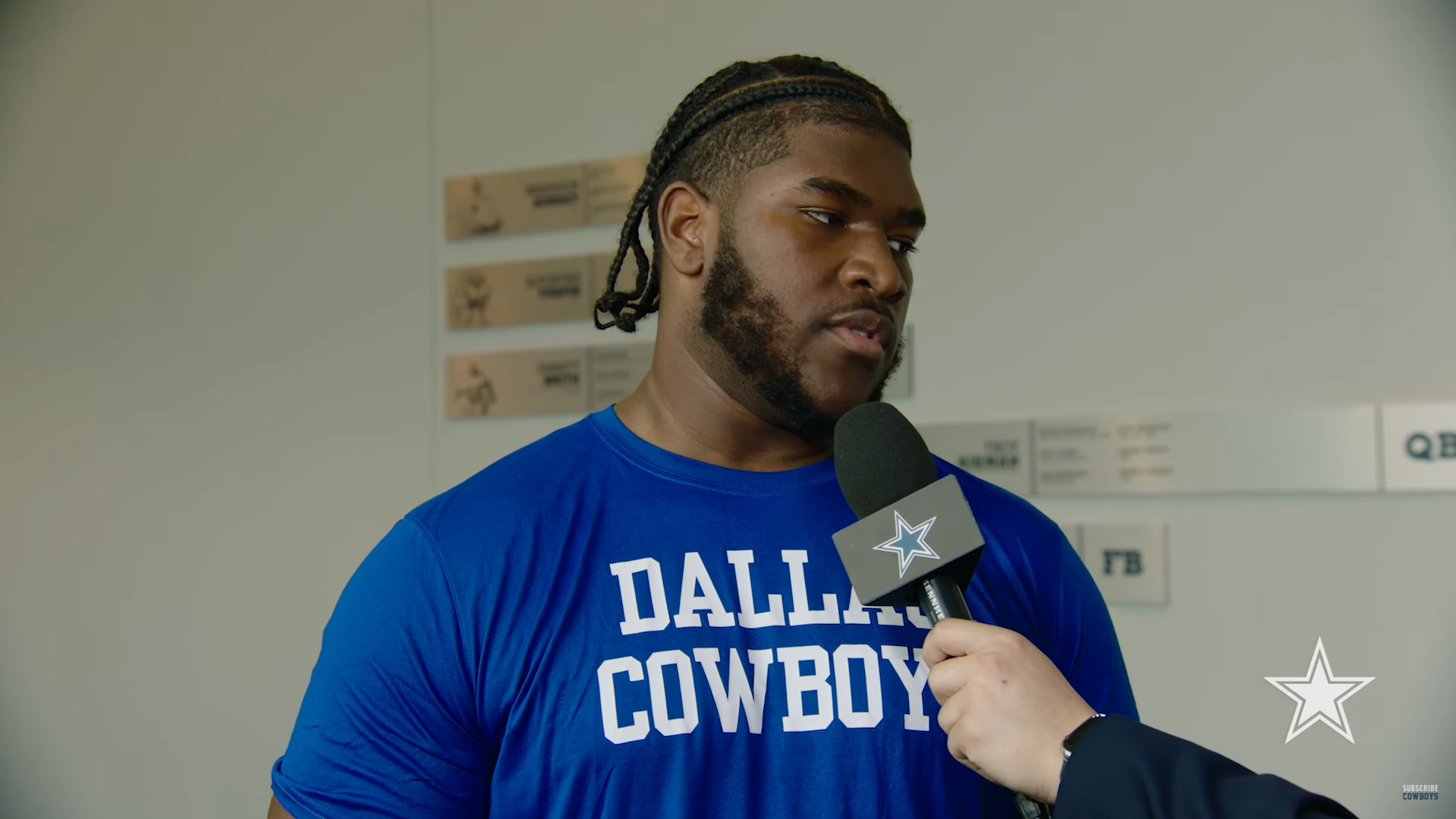 Dallas Cowboys OT Tyler Booker talks to the media ahead of rookie minicamp.