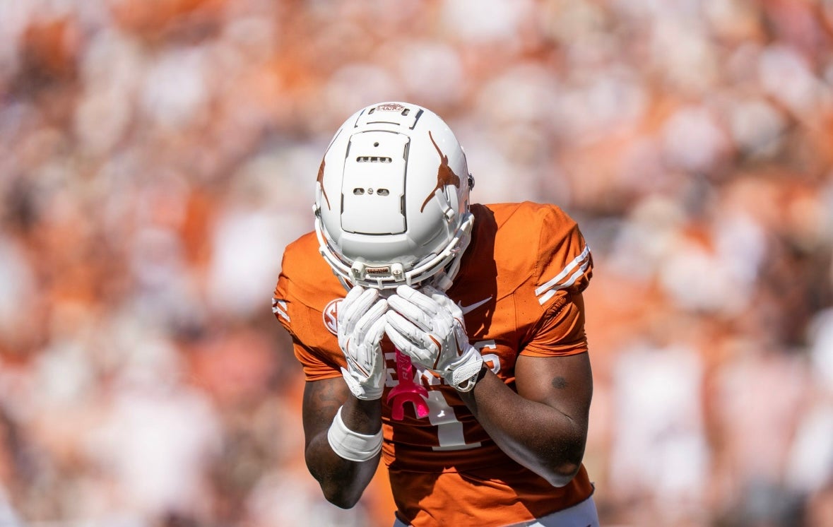 Texas Longhorns wide receiver Johntay Cook II (1) reacts to missing a catch as the Texas Longhorns take on Mississippi State at Darrell K Royal-Texas Memorial Stadium in Austin Saturday, Sept. 28, 2024.
