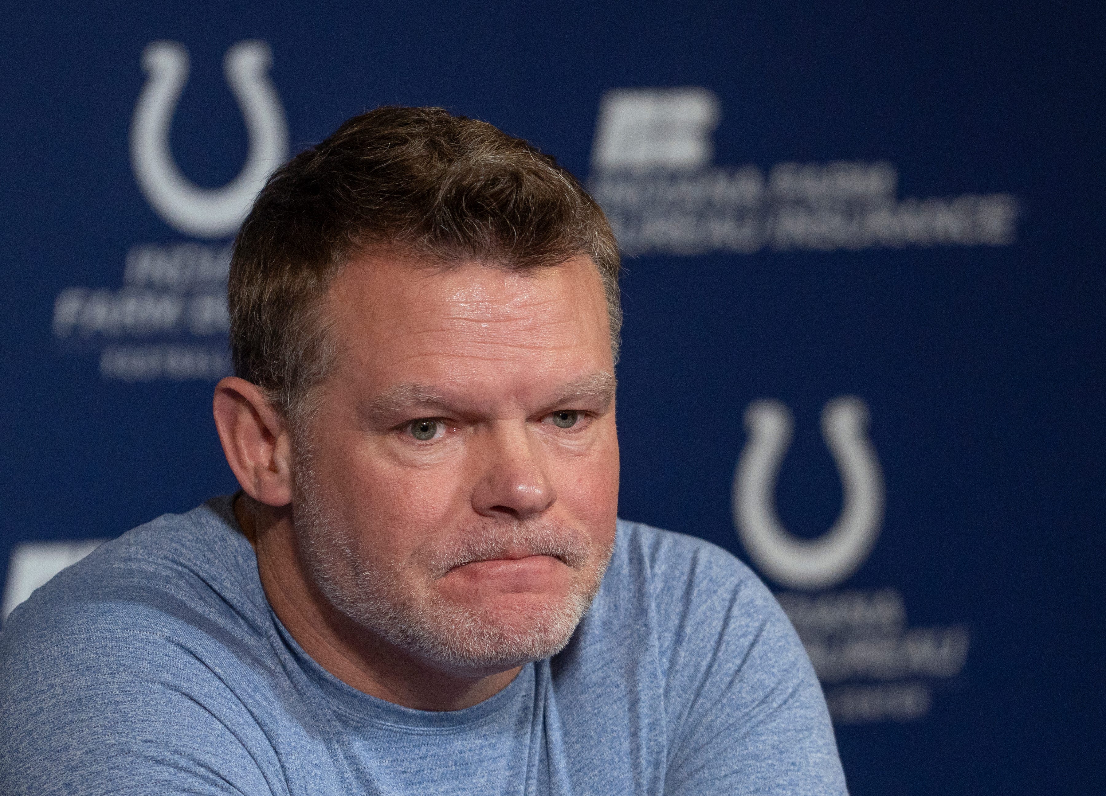 Indianapolis Colts General Manager Chris Ballard opens his pre-draft press conference discussing support for the family of long-time scout Matt Terpening in the lost of his wife, Monday, April 21, 2025 at the Colts headquarters, the Indiana Farm Bureau Football Center.