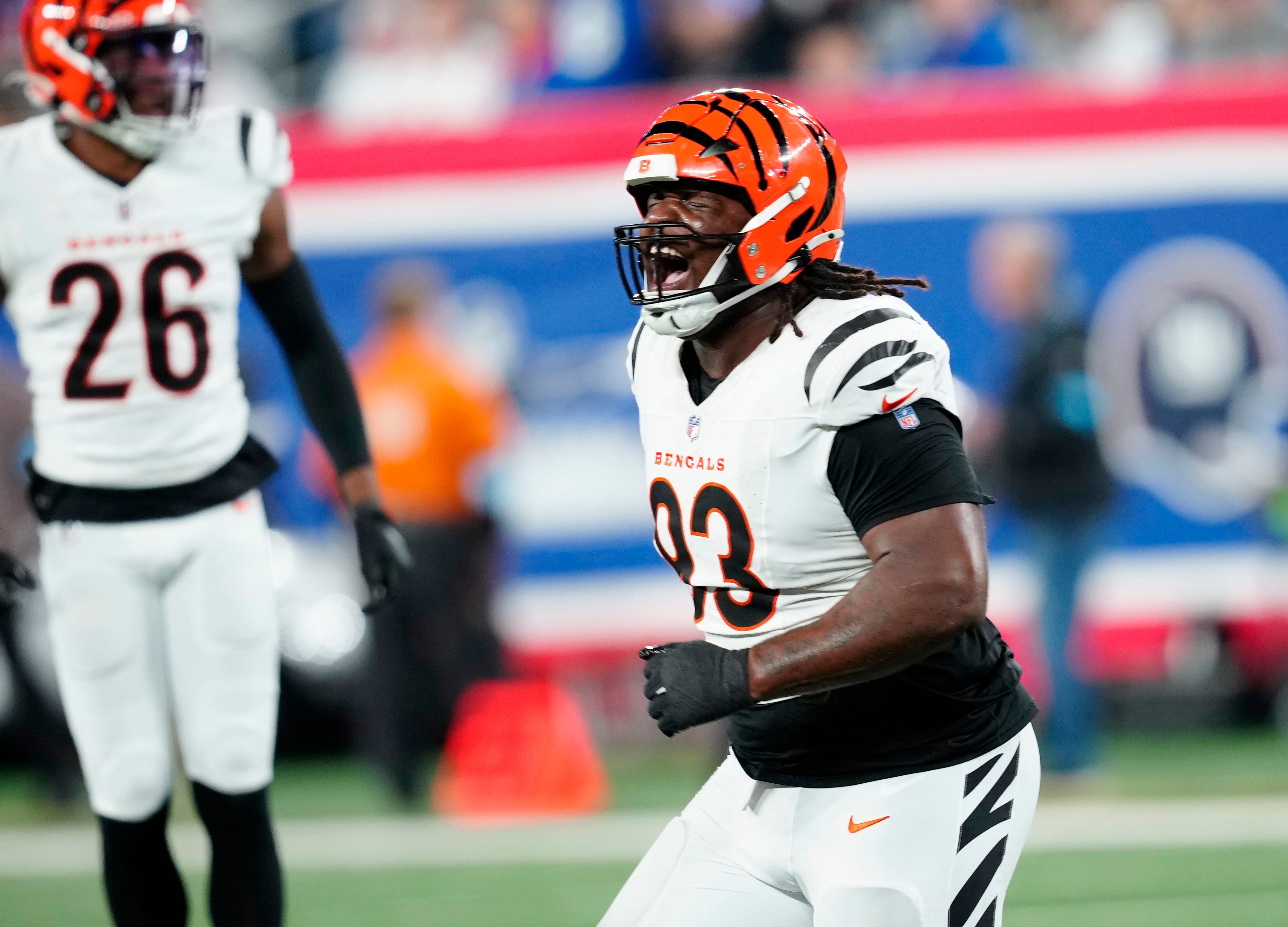 Cincinnati Bengals defensive tackle McKinnley Jackson (93) celebrates after the New York Giants missed their first of two second half field goals, Sunday, October 13, 2024, in East Rutherford.  