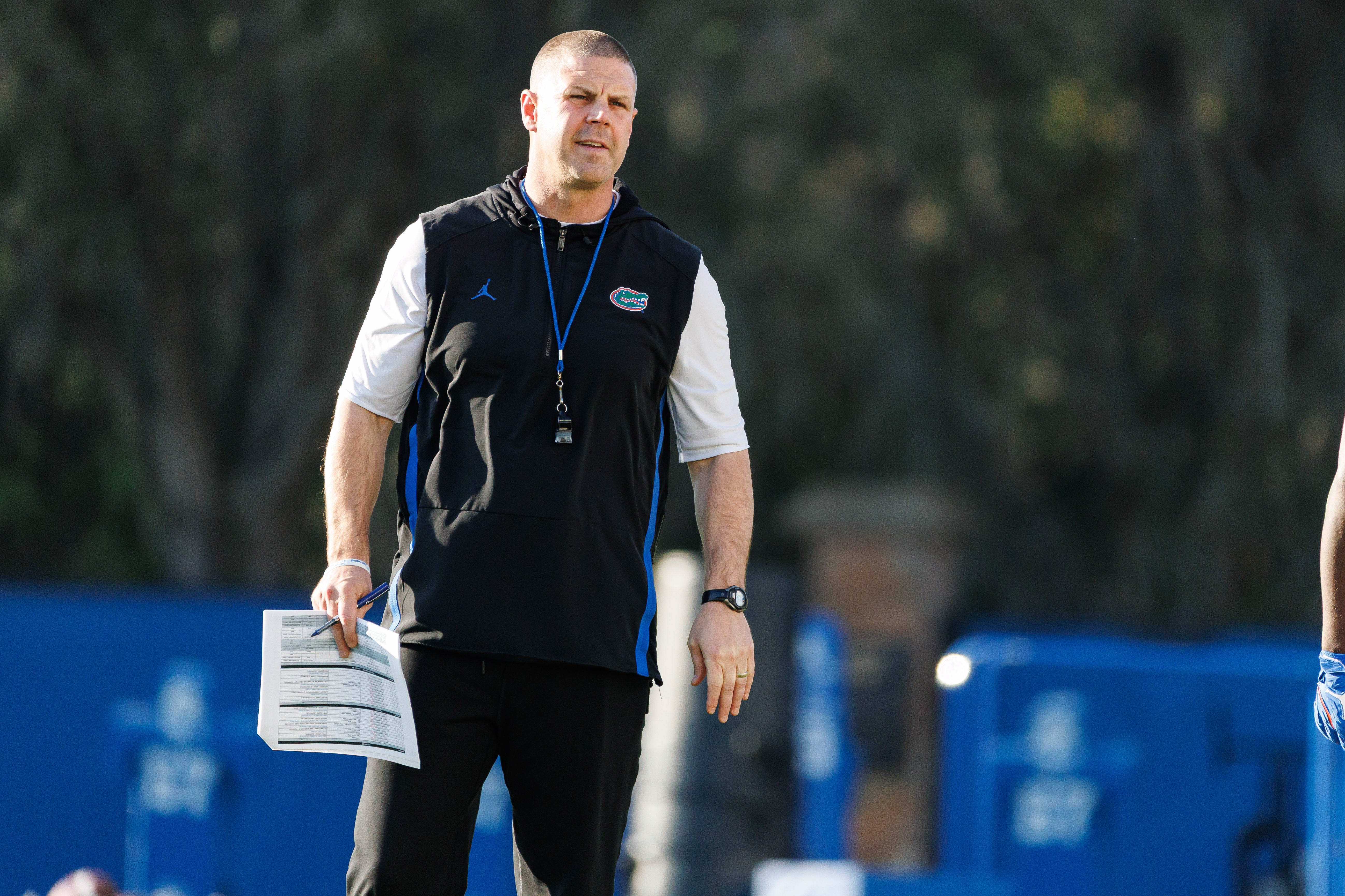 Florida Gators head coach Billy Napier looks on during spring football practice at Heavener Football Complex at the University of Florida in Gainesville, FL on Thursday, March 6, 2025.