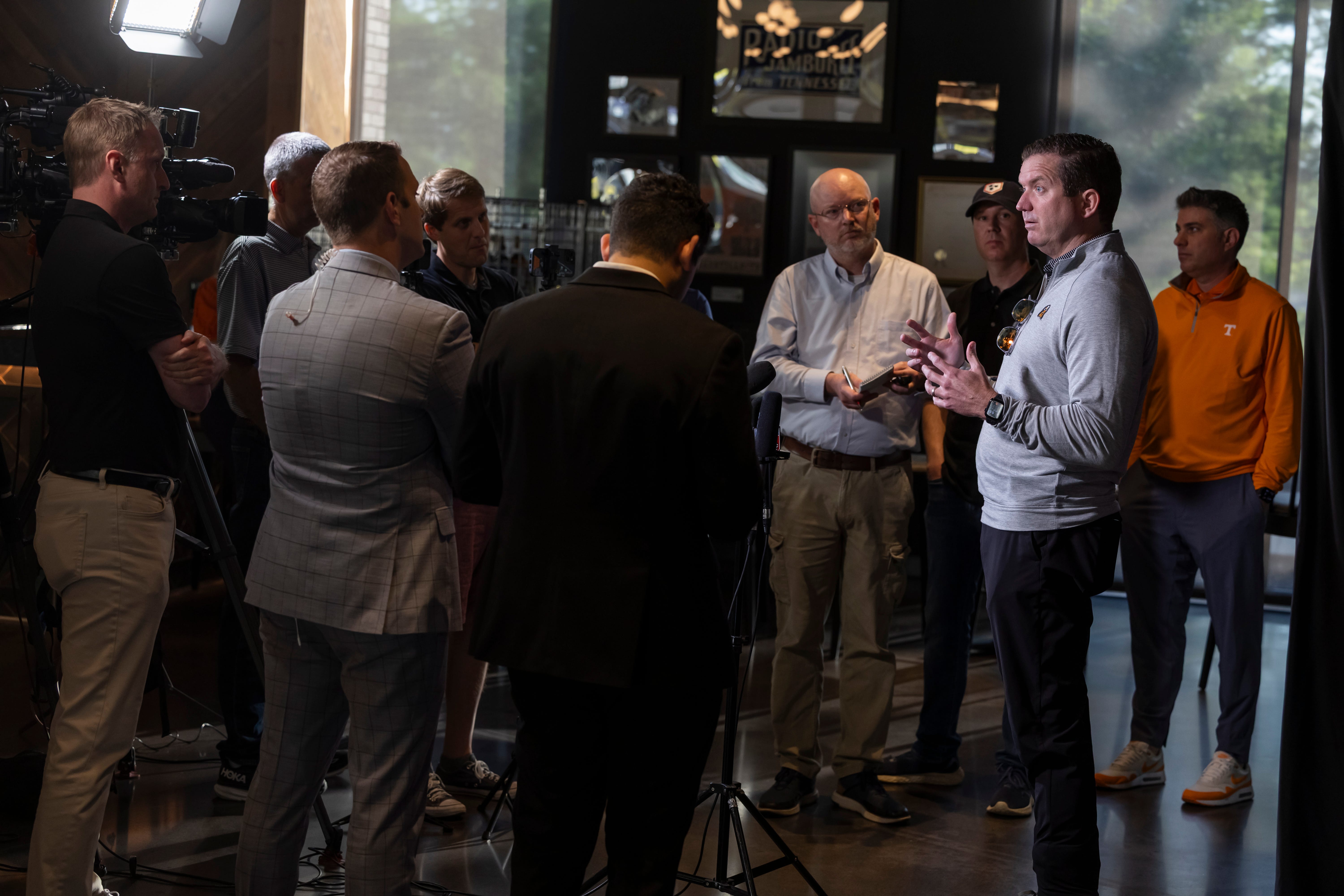 Danny White, Director of Athletics for the University of Tennessee speaks with members of the media during the Nashville stop for University of Tennessee's 2025 Big Orange Caravan event Wednesday, April 30, 2025 at GEODIS Park.