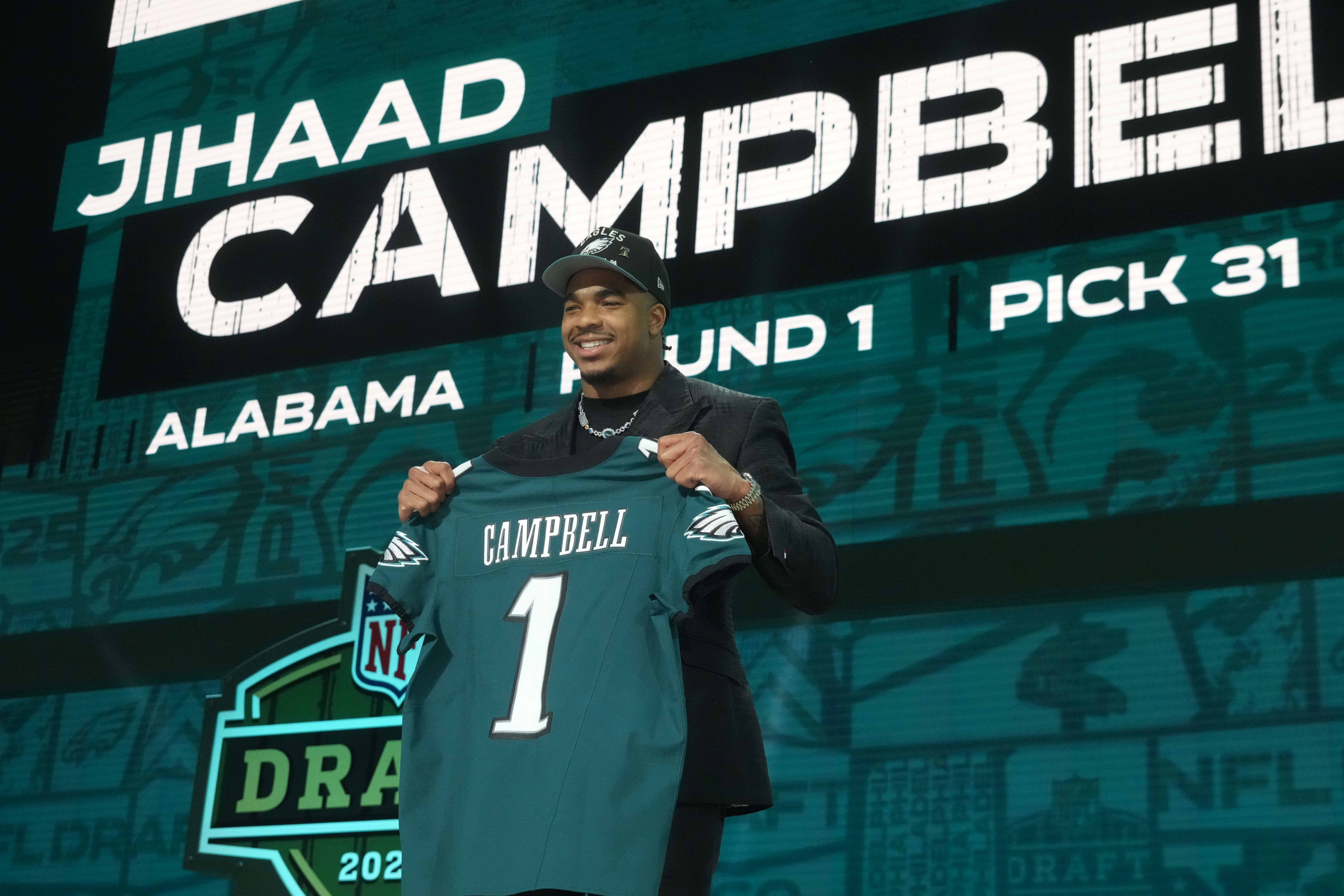 Alabama Crimson Tide linebacker Jihaad Campbell is selected as the No. 31 pick by the Philadelphia Eagles during the NFL Draft at Lambeau Field.
