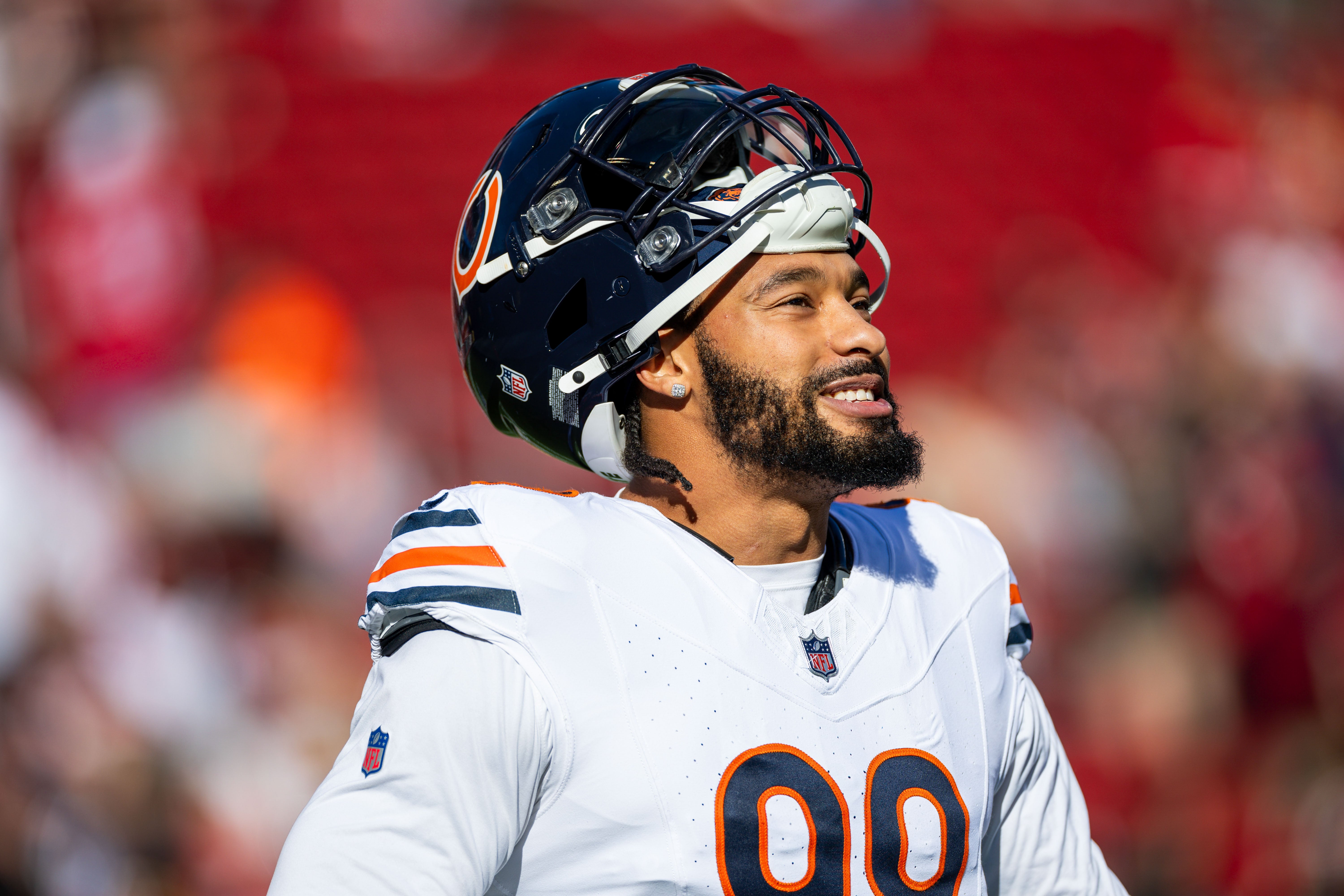 Dec 8, 2024; Santa Clara, California, USA; Chicago Bears defensive end Montez Sweat (98) warms up before the game against the San Francisco 49ers at Levi's Stadium.