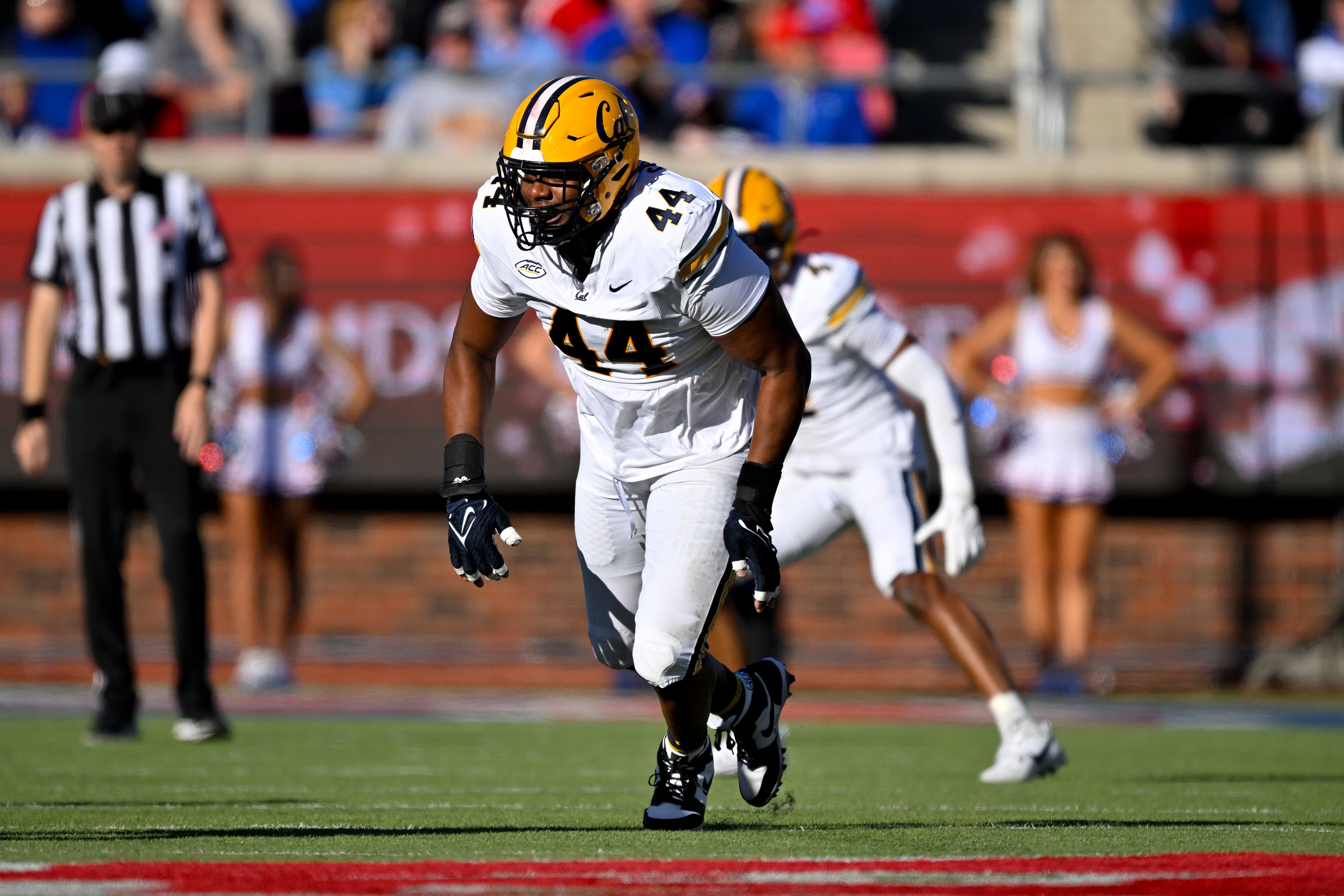 Nov 30, 2024; Dallas, Texas, USA; California Golden Bears linebacker Xavier Carlton (44) in action during the game between the SMU Mustangs and the California Golden Bears at Gerald J. Ford Stadium.
