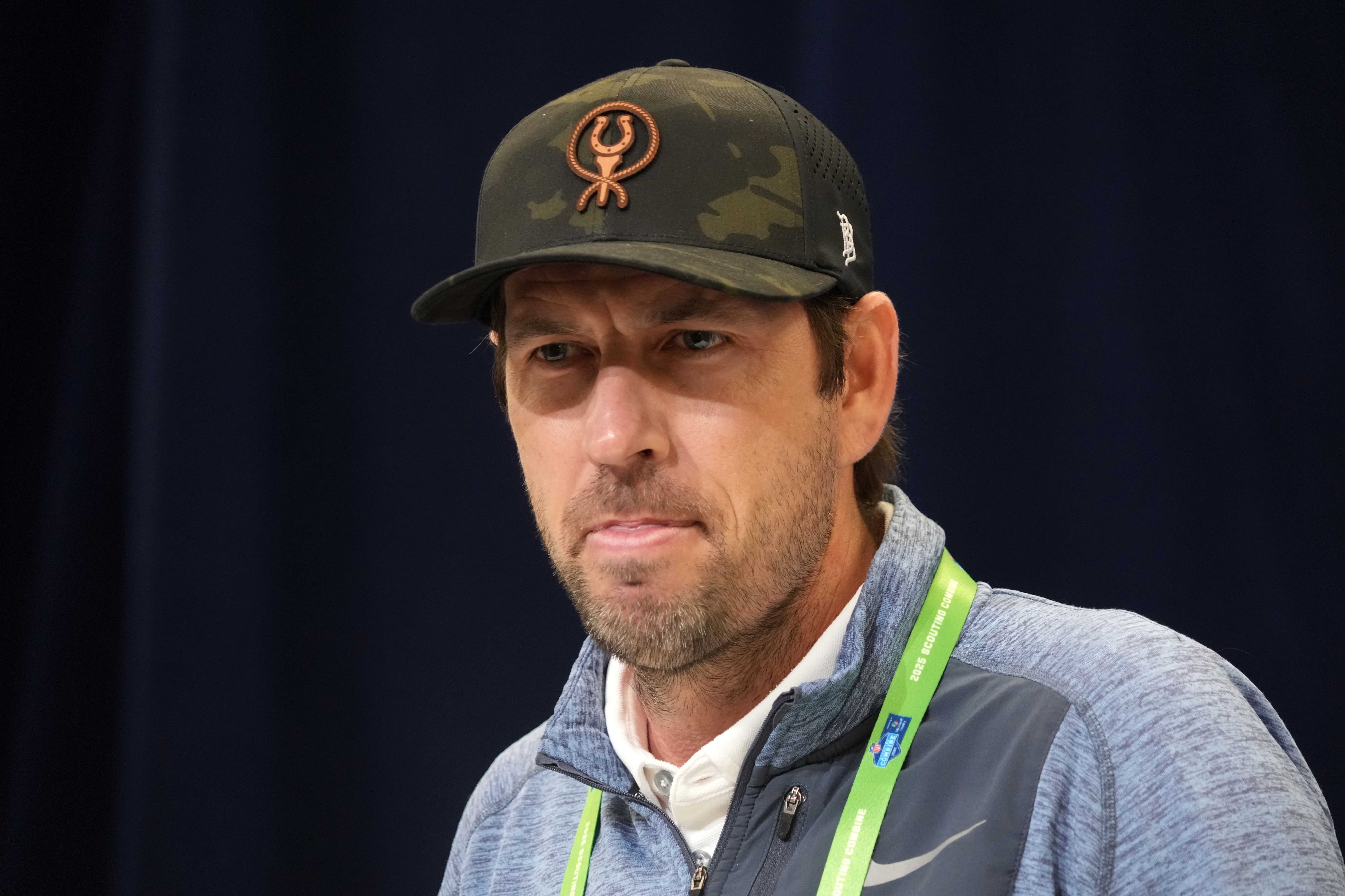 Feb 25, 2025; Indianapolis, IN, USA; Indianapolis Colts coach Shane Steichen speaks during the NFL Scouting Combine at the Indiana Convention Center.