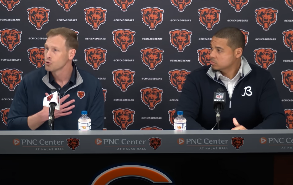 Ben Johnson and Ryan Poles address the media at Halas Hall following the 2025 NFL Draft.