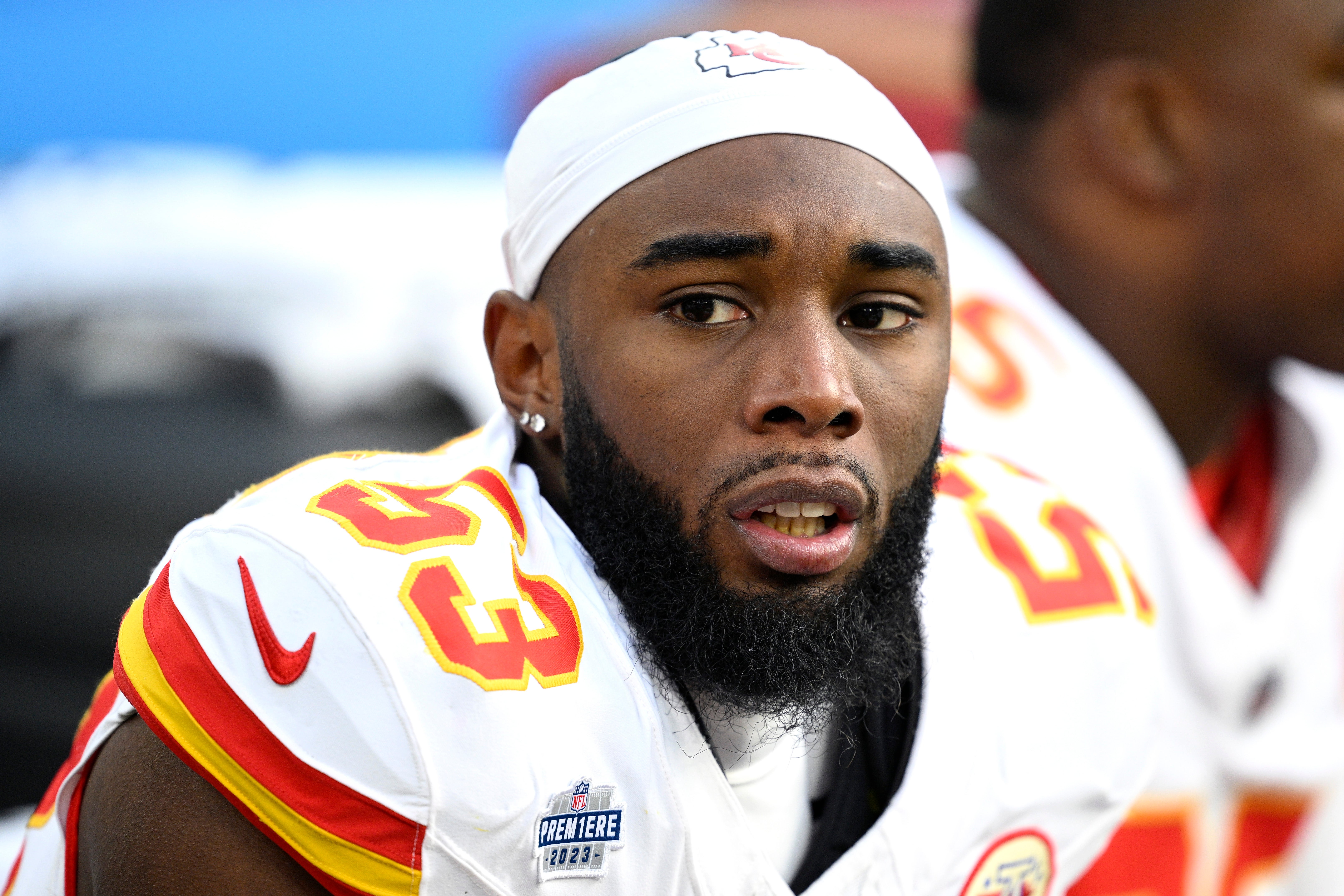 Jan 7, 2024; Inglewood, California, USA; Kansas City Chiefs defensive end BJ Thompson (53) looks on during the first half against the Los Angeles Chargers at SoFi Stadium.