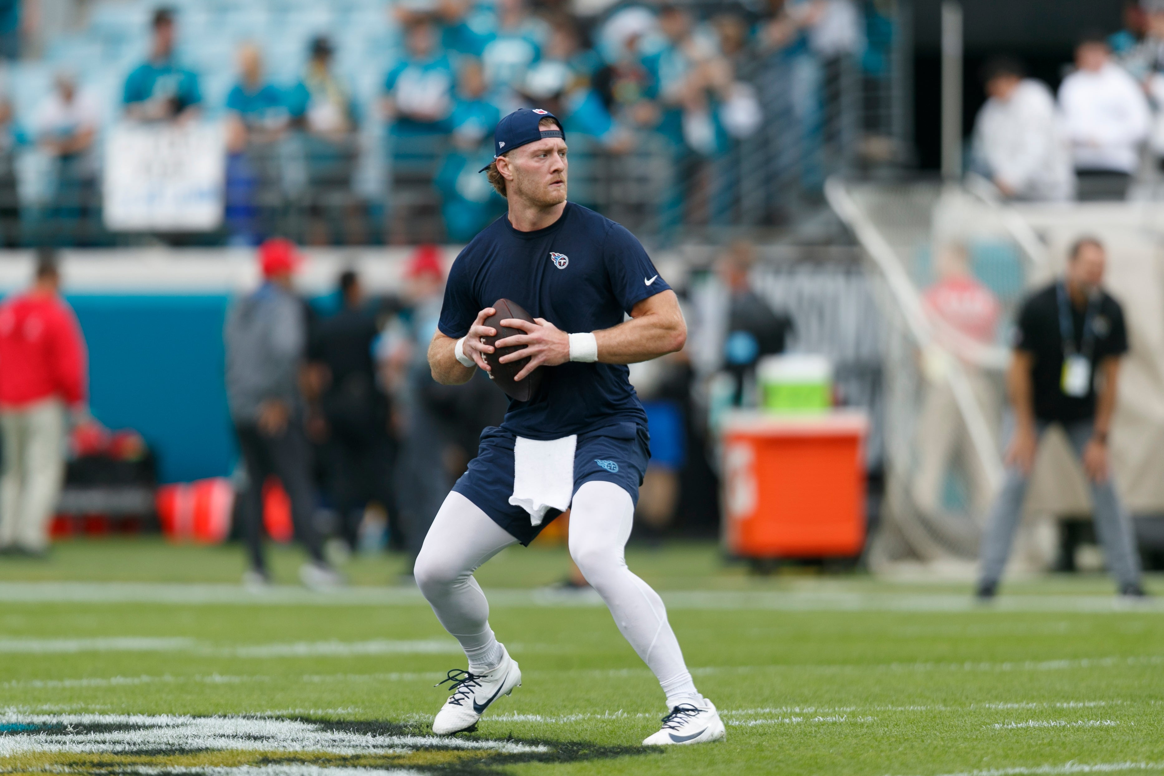 Dec 29, 2024; Jacksonville, Florida, USA; Tennessee Titans quarterback Will Levis (8) warms up before the game against the Jacksonville Jaguars at EverBank Stadium. Mandatory Credit: Morgan Tencza-Imagn Images