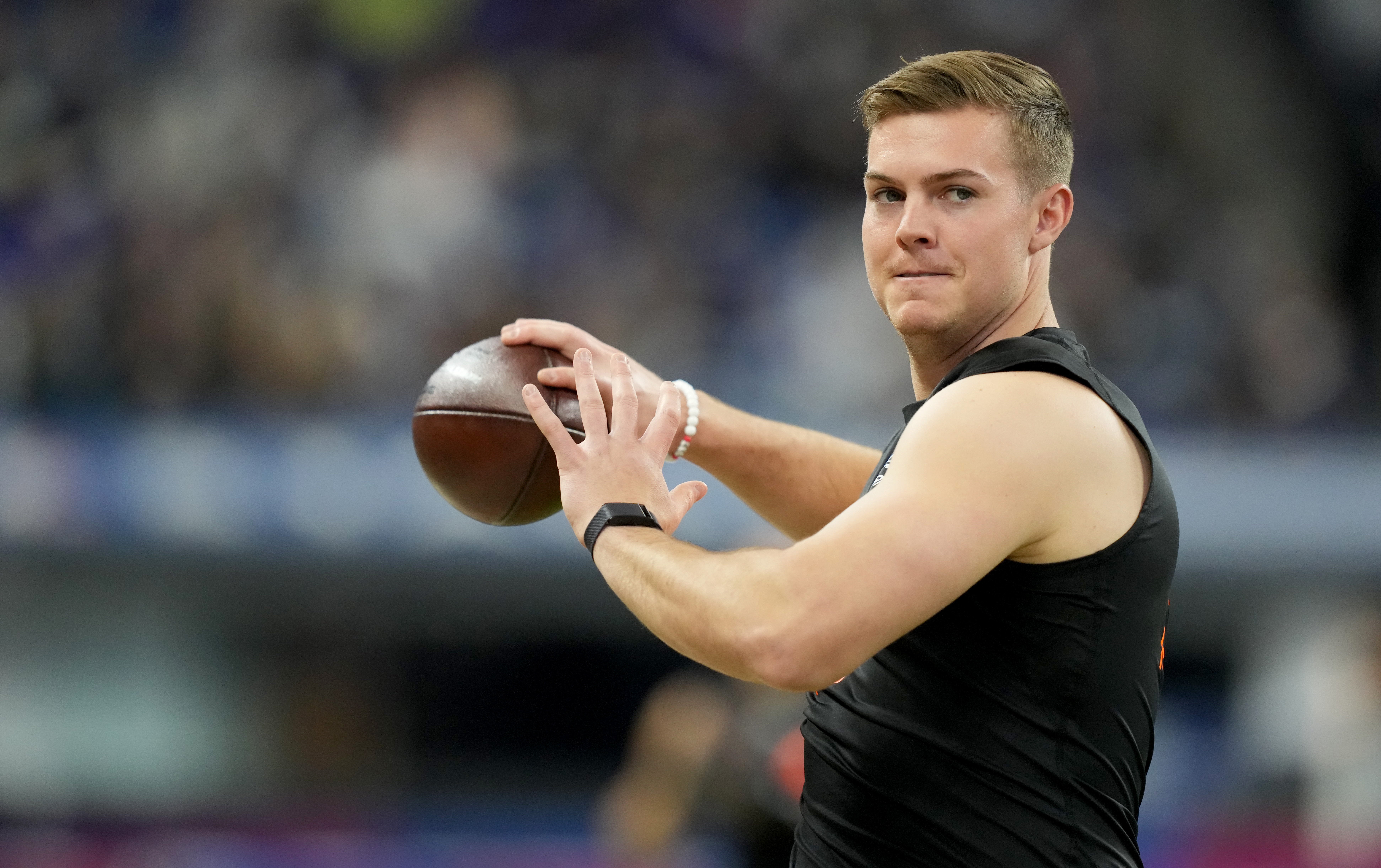 Mar 1, 2025; Indianapolis, IN, USA; Ohio State quarterback Will Howard (QB07) during the 2025 NFL Combine at Lucas Oil Stadium.