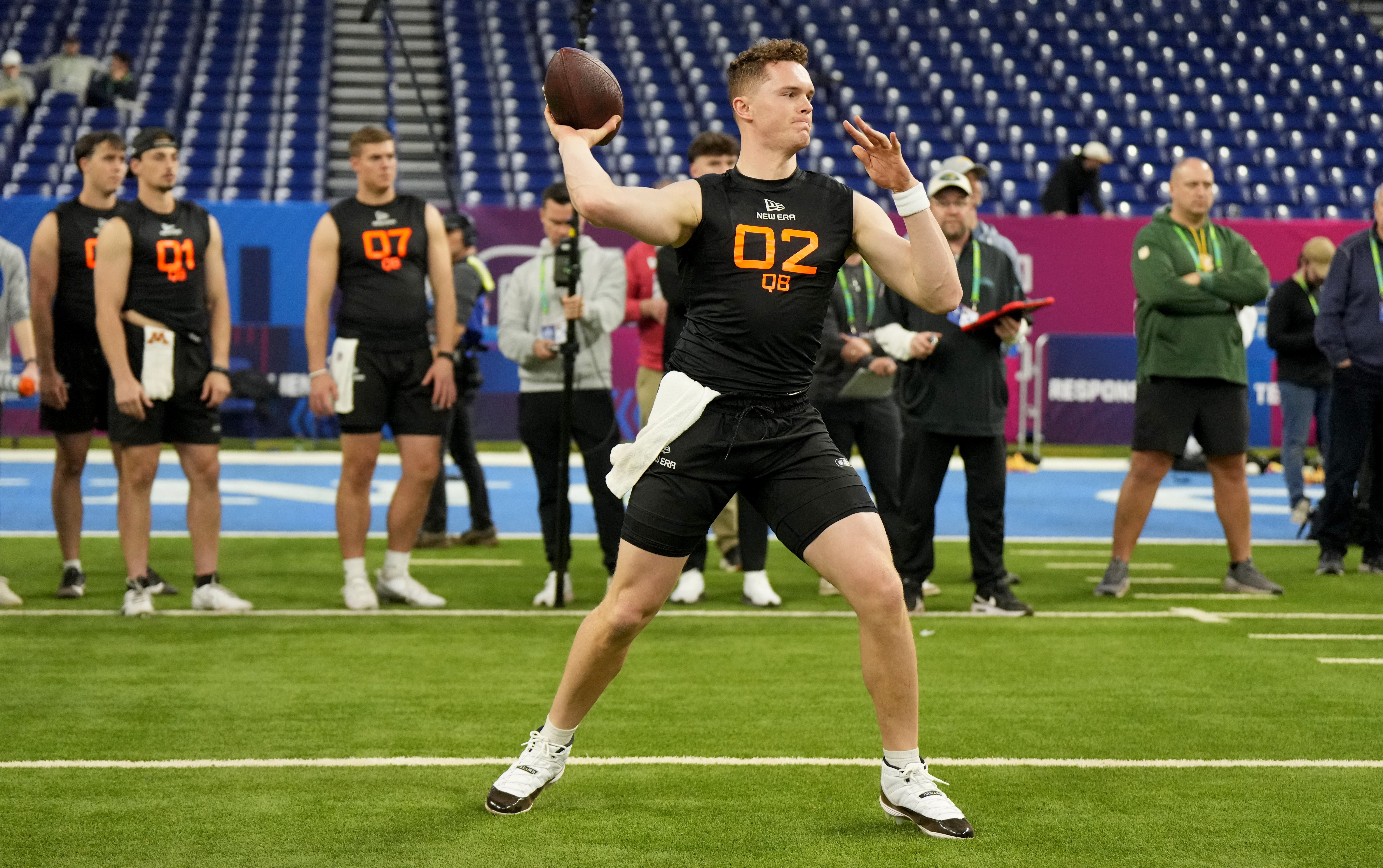 Missouri quarterback Brady Cook (QB02) during the 2025 NFL Combine at Lucas Oil Stadium.