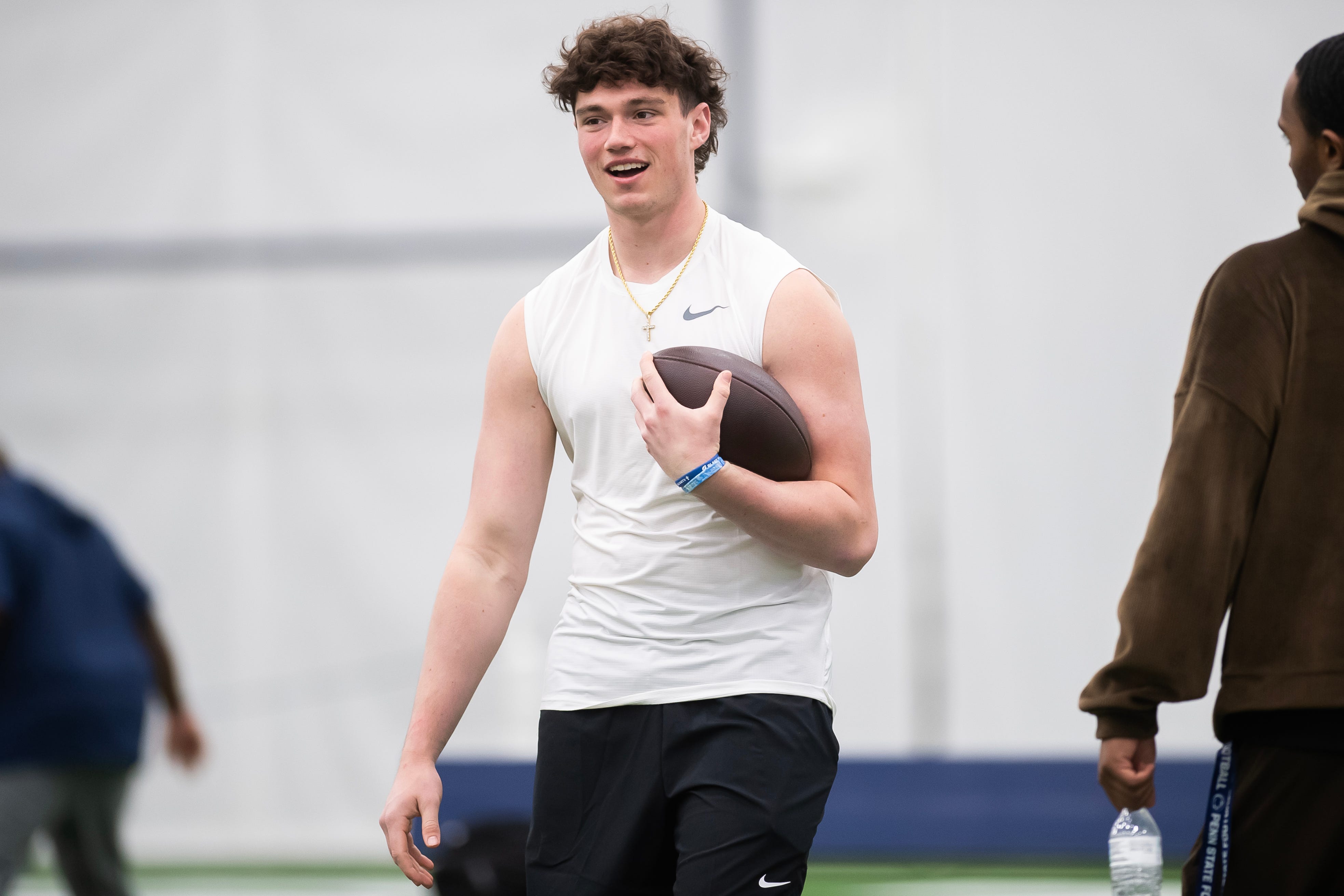 Quarterback Drew Allar helps out with Penn State's Pro Day in Holuba Hall on March 28, 2025, in State College.